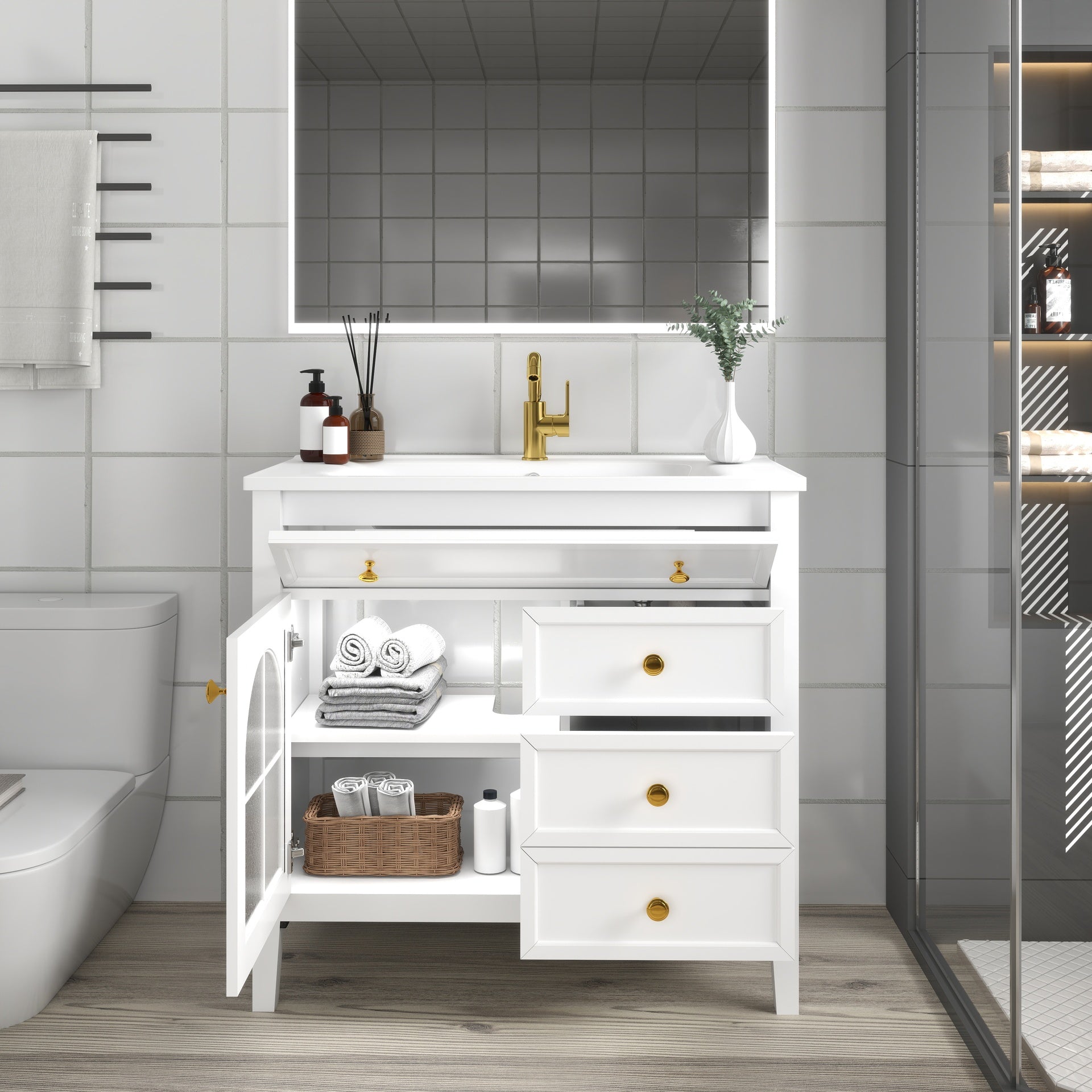 35.6" Mid-Century Bathroom Vanity Sink with Patterned Glass & Motion-sensor Light Strip, Farmhouse Freestanding Bathroom Vanity Sink with Storage, High-end Restroom Vanity Cabinet,White