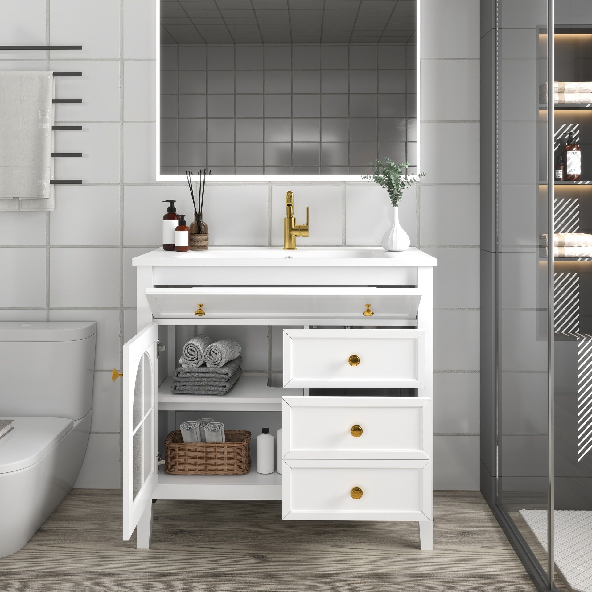35.6" Mid-Century Bathroom Vanity Sink with Patterned Glass & Motion-sensor Light Strip, Farmhouse Freestanding Bathroom Vanity Sink with Storage, High-end Restroom Vanity Cabinet,White