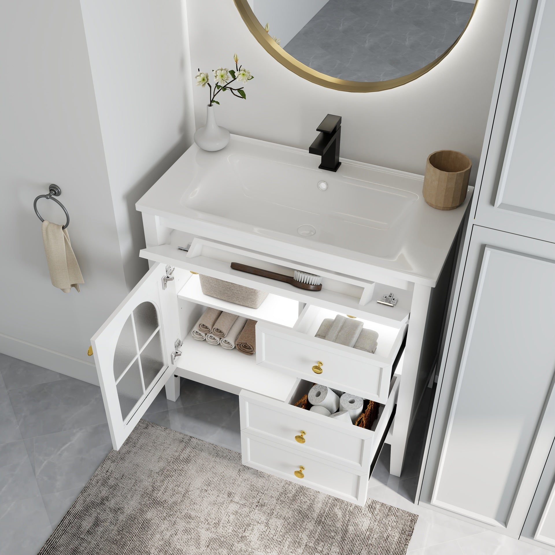 35.6" Mid-Century Bathroom Vanity Sink with Patterned Glass & Motion-sensor Light Strip, Farmhouse Freestanding Bathroom Vanity Sink with Storage, High-end Restroom Vanity Cabinet,White