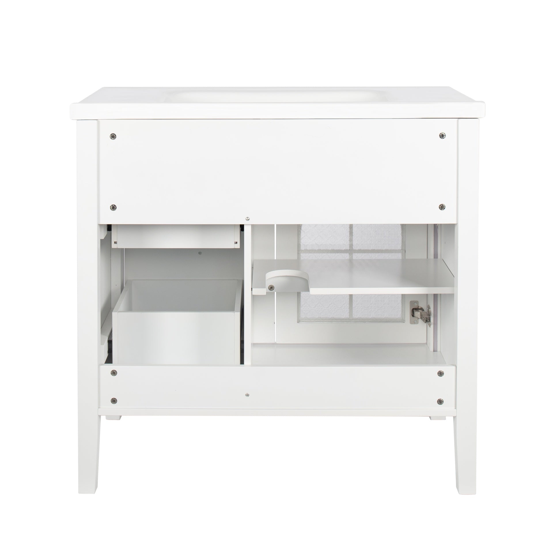 35.6" Mid-Century Bathroom Vanity Sink with Patterned Glass & Motion-sensor Light Strip, Farmhouse Freestanding Bathroom Vanity Sink with Storage, High-end Restroom Vanity Cabinet,White