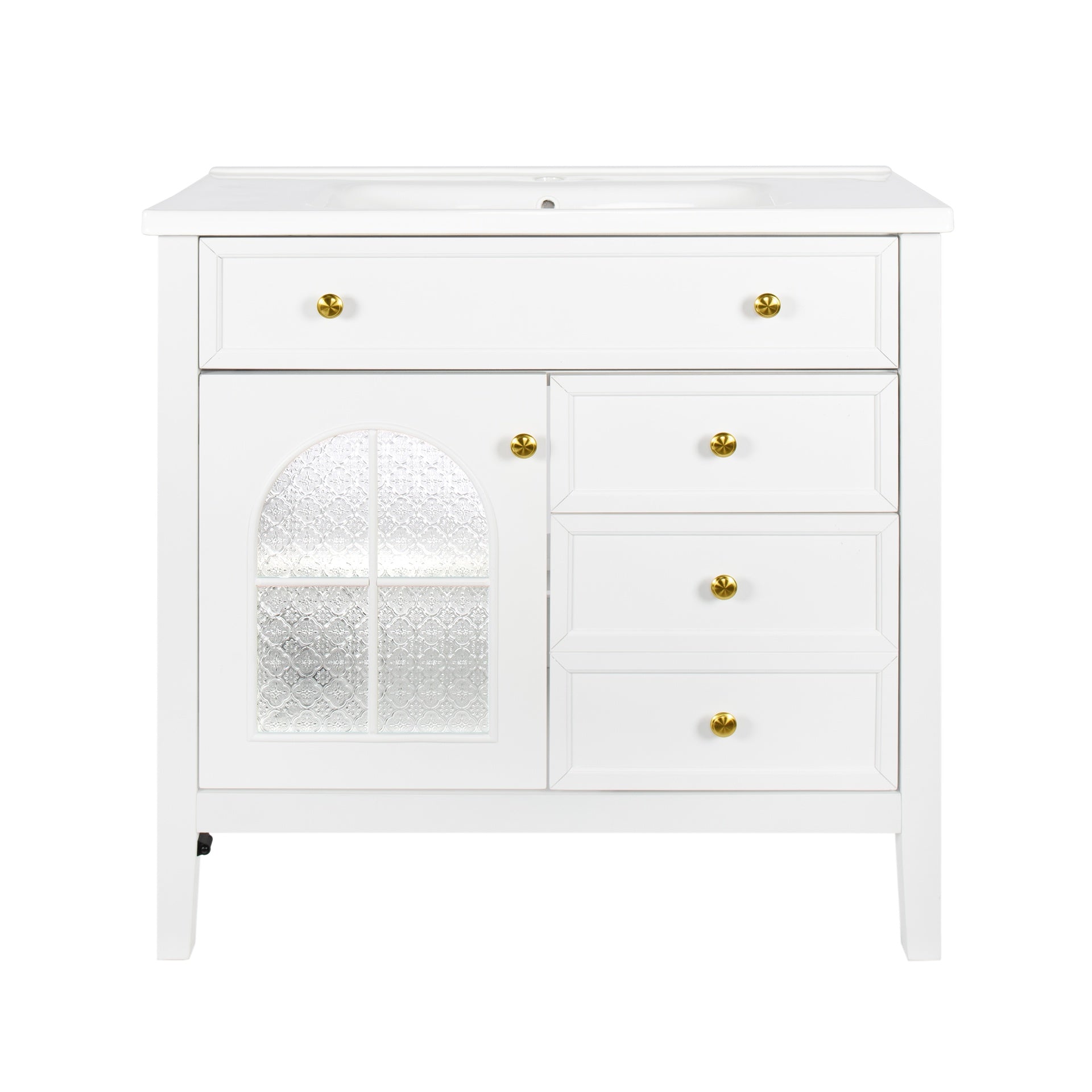 35.6" Mid-Century Bathroom Vanity Sink with Patterned Glass & Motion-sensor Light Strip, Farmhouse Freestanding Bathroom Vanity Sink with Storage, High-end Restroom Vanity Cabinet,White