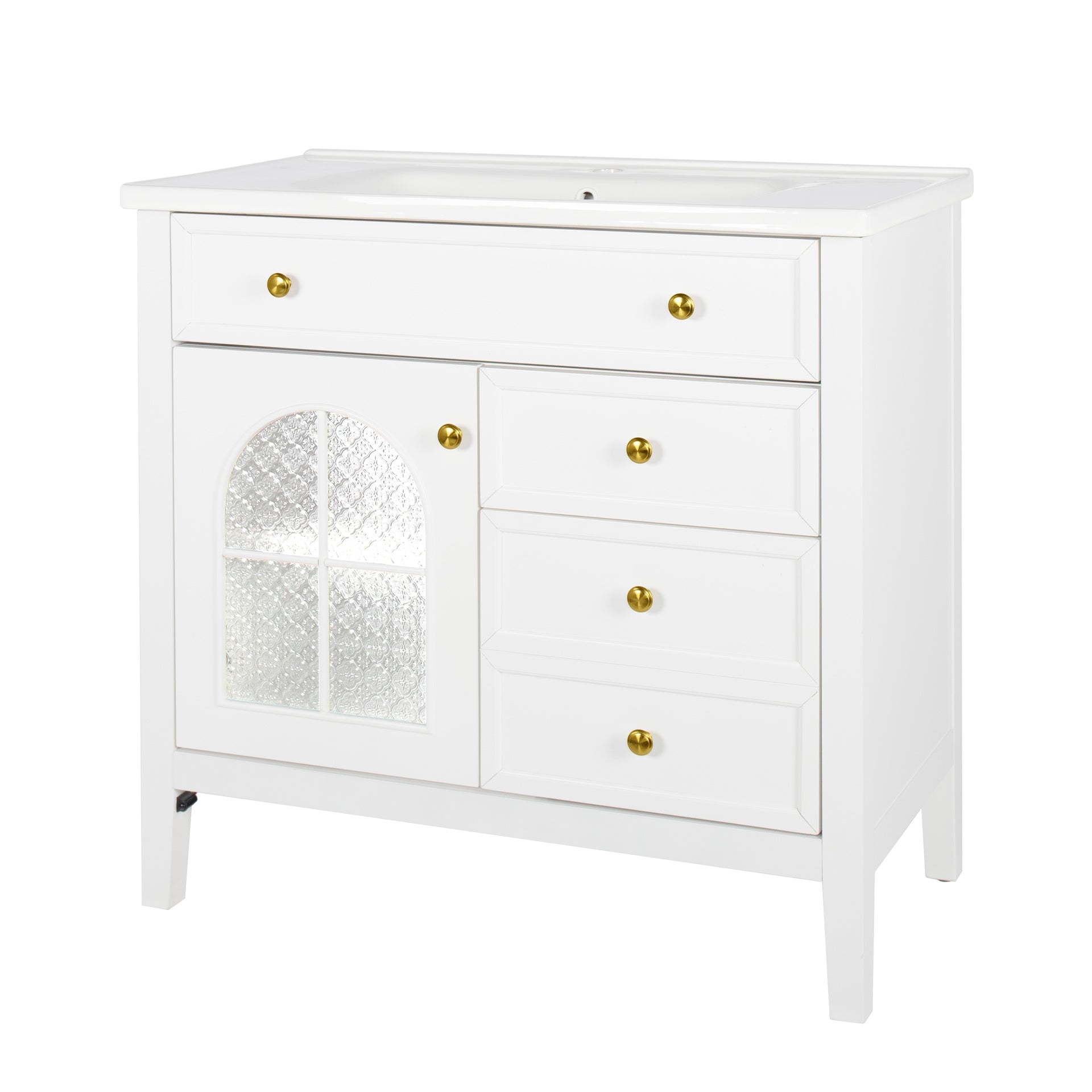 35.6" Mid-Century Bathroom Vanity Sink with Patterned Glass & Motion-sensor Light Strip, Farmhouse Freestanding Bathroom Vanity Sink with Storage, High-end Restroom Vanity Cabinet,White