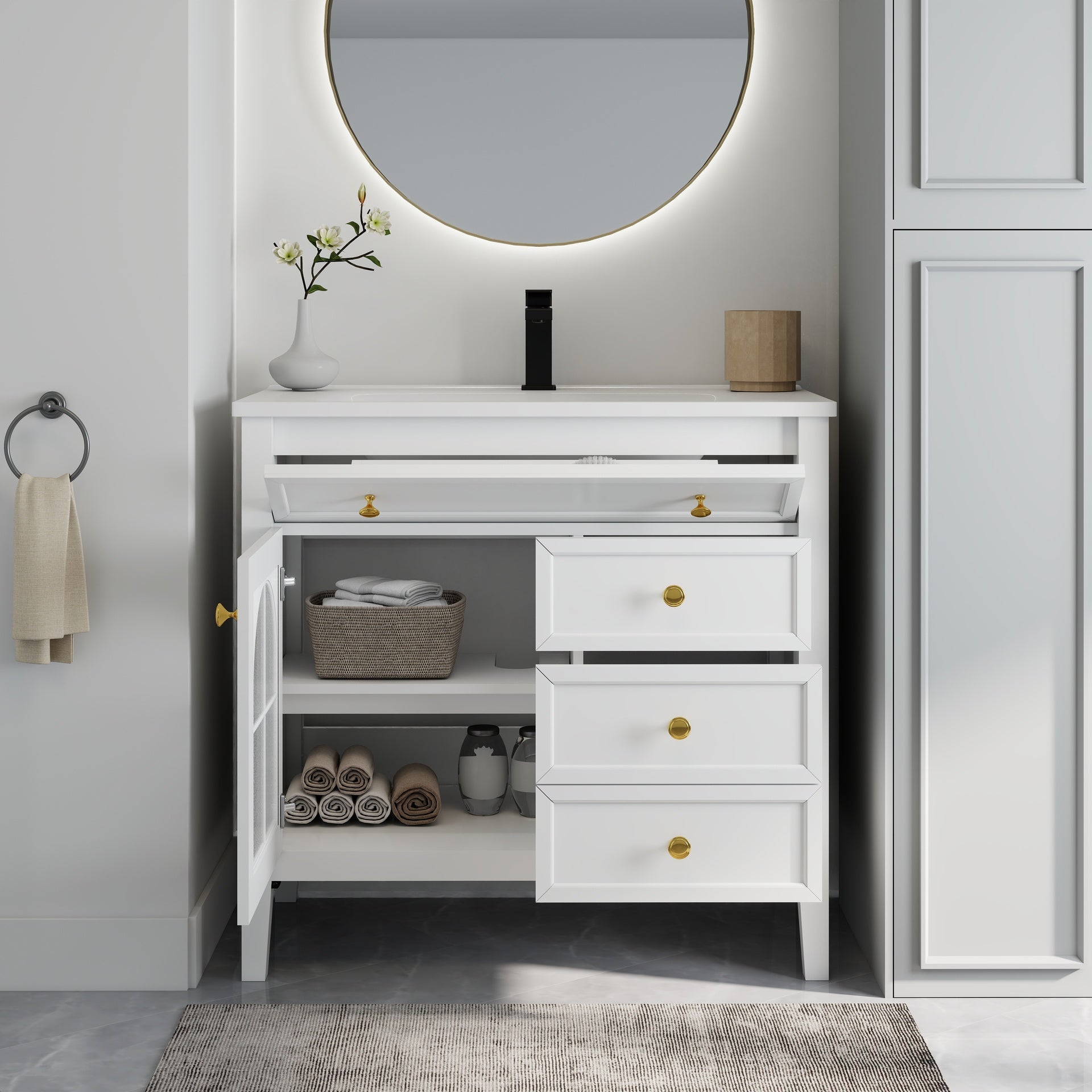 35.6" Mid-Century Bathroom Vanity Sink with Patterned Glass & Motion-sensor Light Strip, Farmhouse Freestanding Bathroom Vanity Sink with Storage, High-end Restroom Vanity Cabinet,White