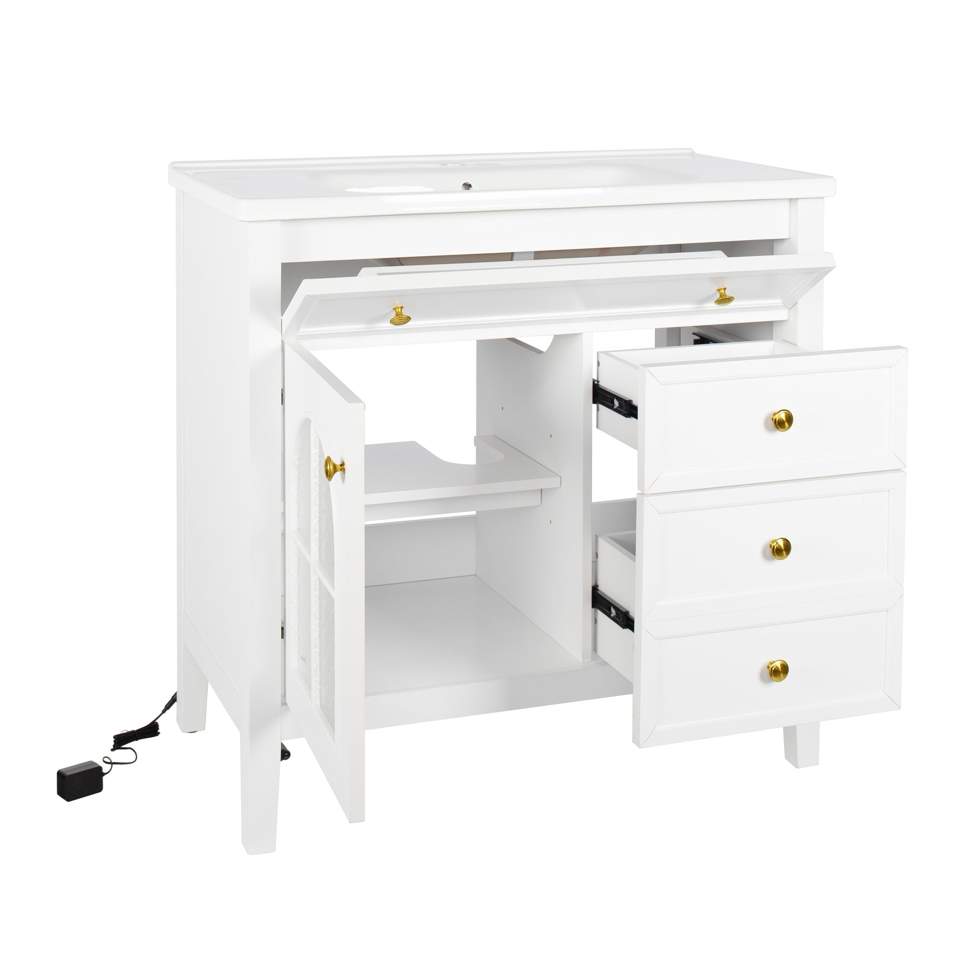 35.6" Mid-Century Bathroom Vanity Sink with Patterned Glass & Motion-sensor Light Strip, Farmhouse Freestanding Bathroom Vanity Sink with Storage, High-end Restroom Vanity Cabinet,White