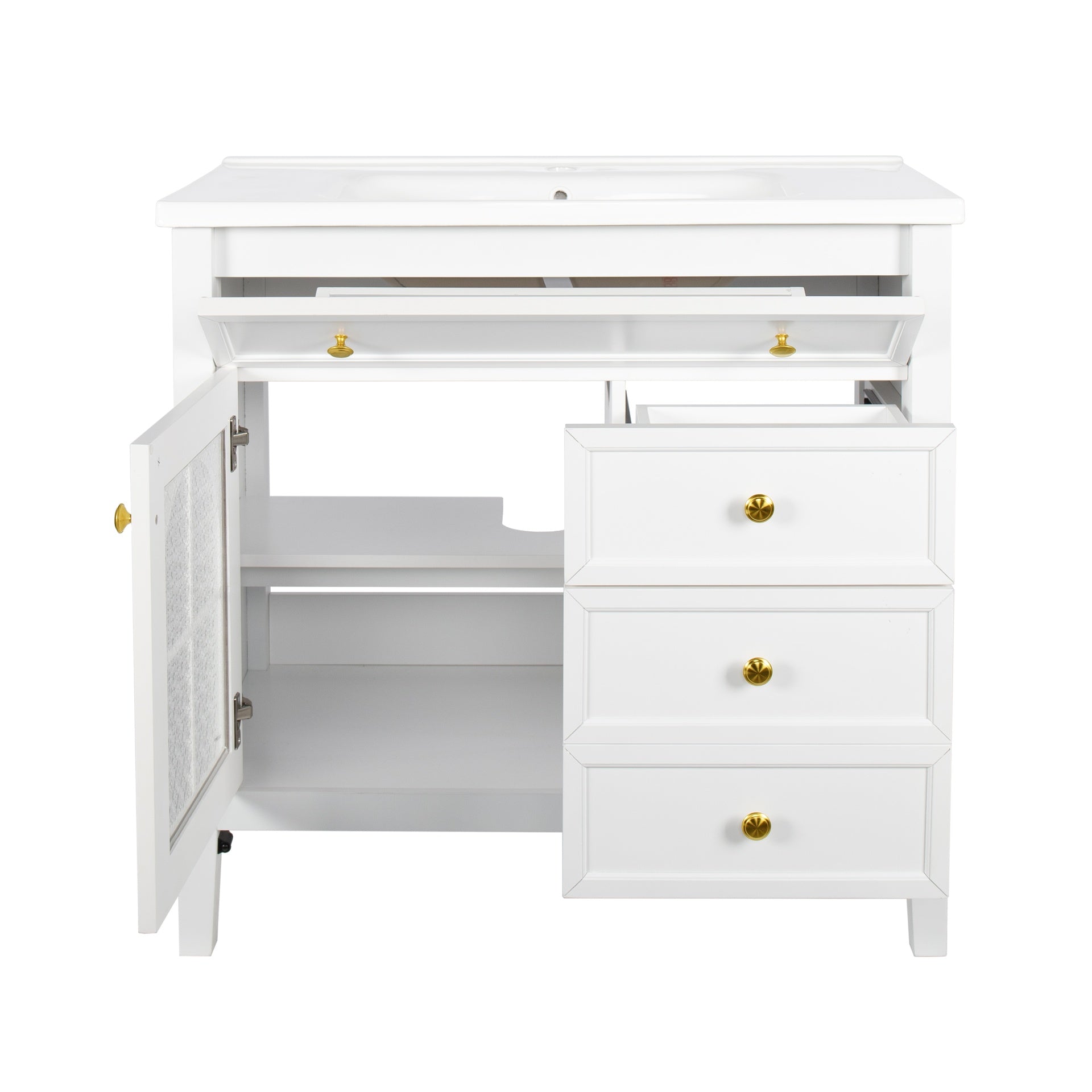35.6" Mid-Century Bathroom Vanity Sink with Patterned Glass & Motion-sensor Light Strip, Farmhouse Freestanding Bathroom Vanity Sink with Storage, High-end Restroom Vanity Cabinet,White