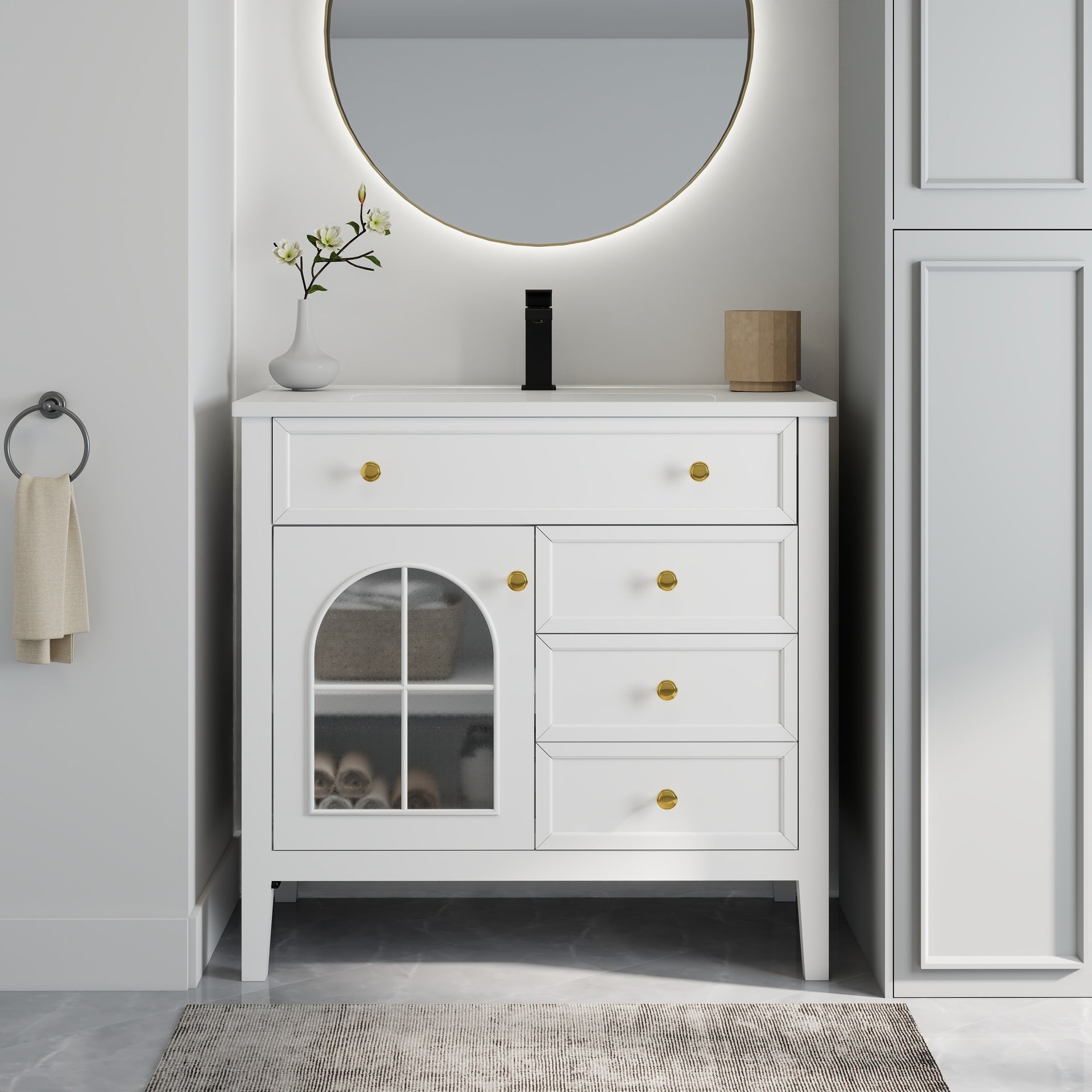35.6" Mid-Century Bathroom Vanity Sink with Patterned Glass & Motion-sensor Light Strip, Farmhouse Freestanding Bathroom Vanity Sink with Storage, High-end Restroom Vanity Cabinet,White
