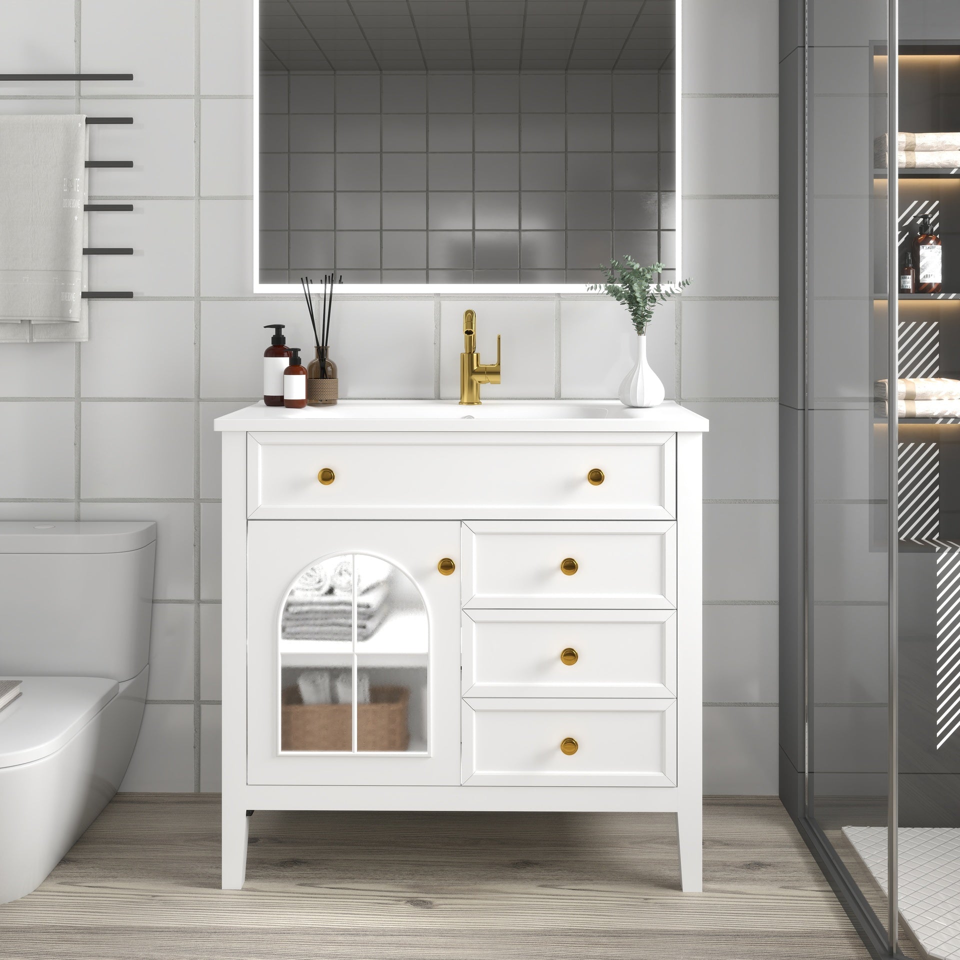 35.6" Mid-Century Bathroom Vanity Sink with Patterned Glass & Motion-sensor Light Strip, Farmhouse Freestanding Bathroom Vanity Sink with Storage, High-end Restroom Vanity Cabinet,White