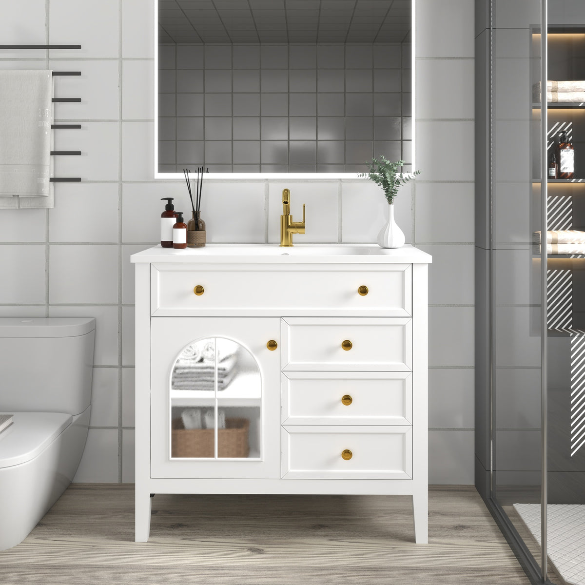 35.6" Mid-Century Bathroom Vanity Sink with Patterned Glass & Motion-sensor Light Strip, Farmhouse Freestanding Bathroom Vanity Sink with Storage, High-end Restroom Vanity Cabinet,White