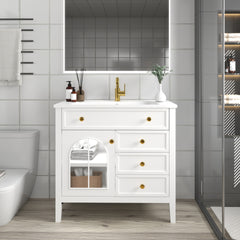 35.6" Mid-Century Bathroom Vanity Sink with Patterned Glass & Motion-sensor Light Strip, Farmhouse Freestanding Bathroom Vanity Sink with Storage, High-end Restroom Vanity Cabinet,White