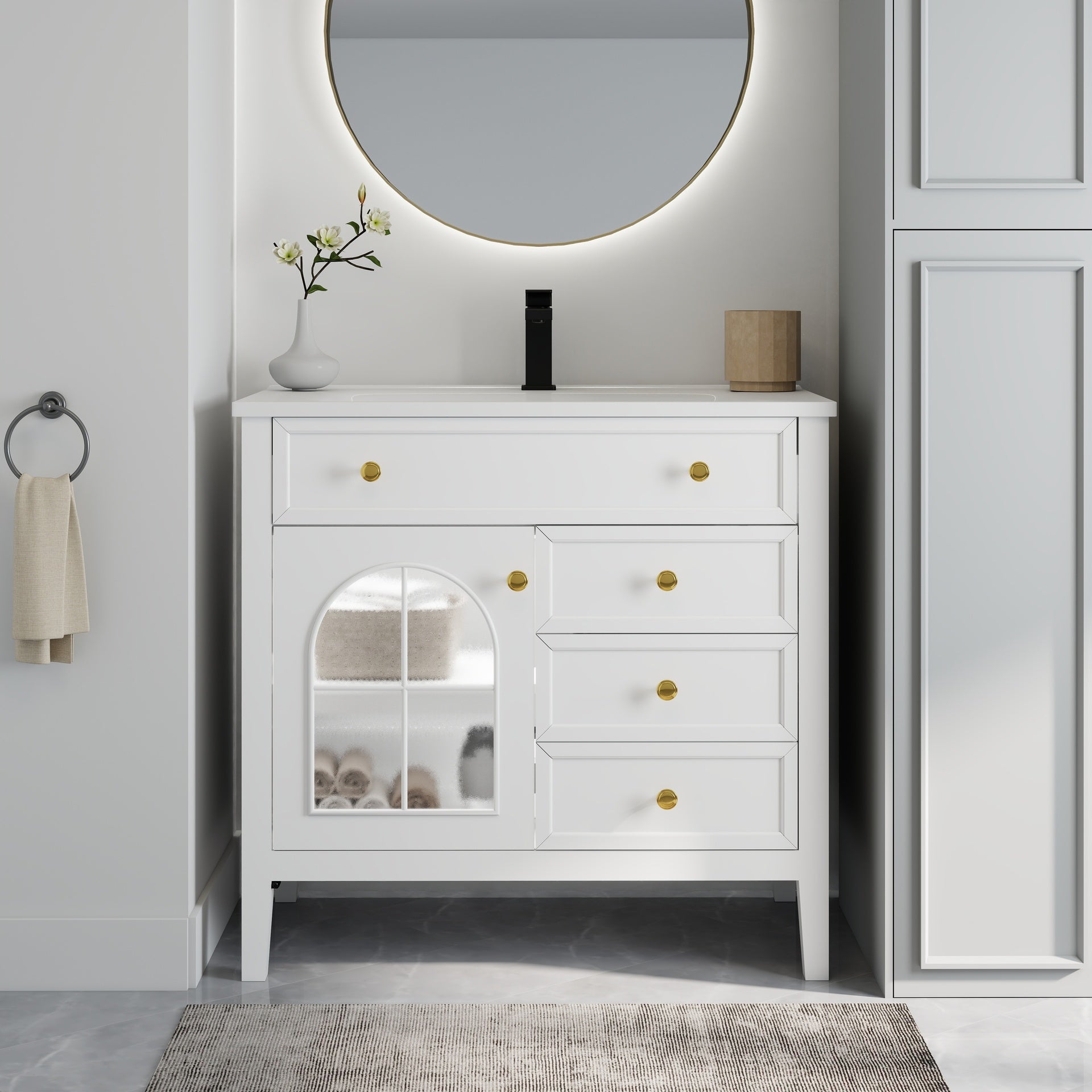 35.6" Mid-Century Bathroom Vanity Sink with Patterned Glass & Motion-sensor Light Strip, Farmhouse Freestanding Bathroom Vanity Sink with Storage, High-end Restroom Vanity Cabinet,White