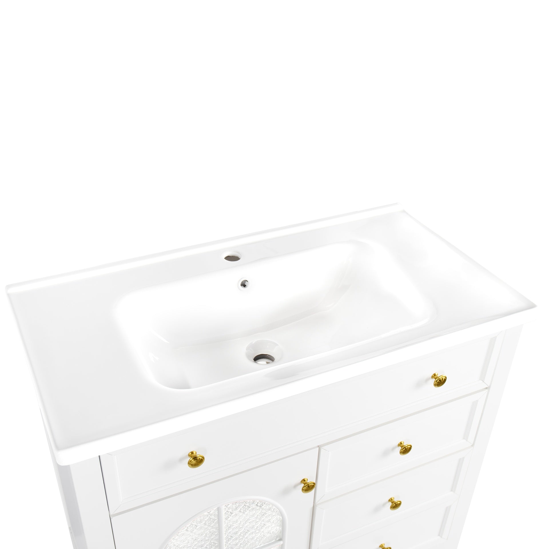 35.6" Mid-Century Bathroom Vanity Sink with Patterned Glass & Motion-sensor Light Strip, Farmhouse Freestanding Bathroom Vanity Sink with Storage, High-end Restroom Vanity Cabinet,White