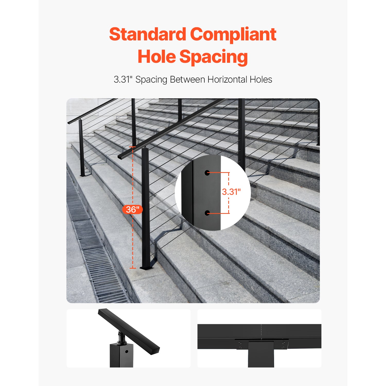 Cable Railing Post, 36x2x2 Inch Stair Railing Post, with Pre-Drilled 30° Angled Holes, Stainless Steel Cable Rail Post with Horizontal and Curved Bracket, 1-Pack, Black, 1JZLGZXHS914YIVIS001V0
