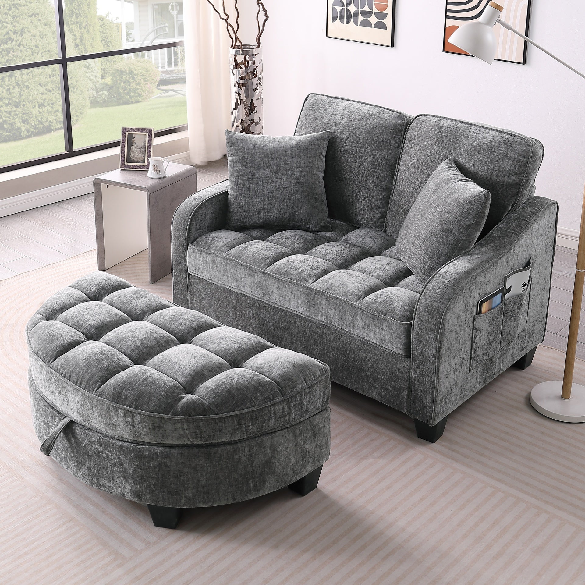 Two-seater sofa, double sofa chaise longue, with irregular armrests and backrests, footrest with storage space, comes with two small throw pillows, suitable for living room and bedroom - Grey