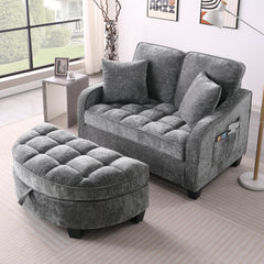 Two-seater sofa, double sofa chaise longue, with irregular armrests and backrests, footrest with storage space, comes with two small throw pillows, suitable for living room and bedroom - Grey