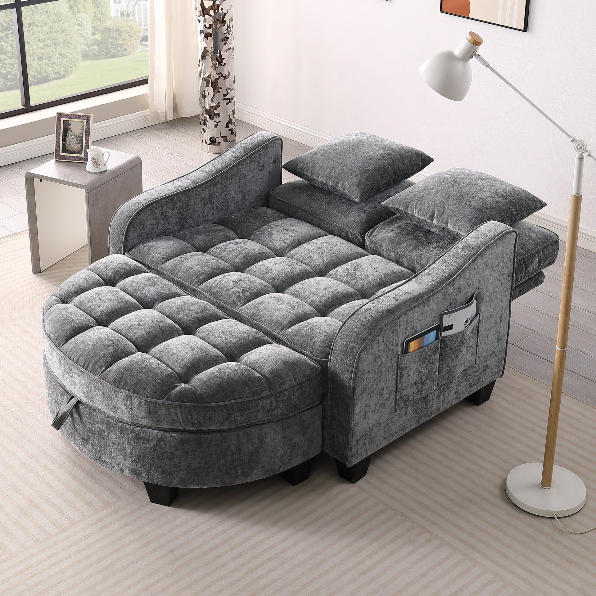 Two-seater sofa, double sofa chaise longue, with irregular armrests and backrests, footrest with storage space, comes with two small throw pillows, suitable for living room and bedroom - Grey
