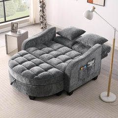 Two-seater sofa, double sofa chaise longue, with irregular armrests and backrests, footrest with storage space, comes with two small throw pillows, suitable for living room and bedroom - Grey
