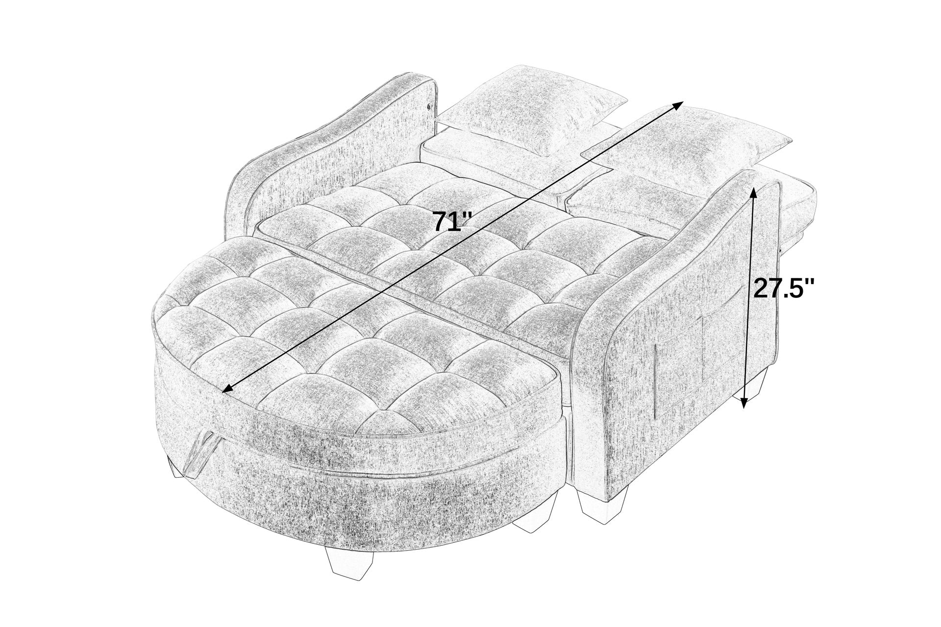 Two-seater sofa, double sofa chaise longue, with irregular armrests and backrests, footrest with storage space, comes with two small throw pillows, suitable for living room and bedroom - Grey