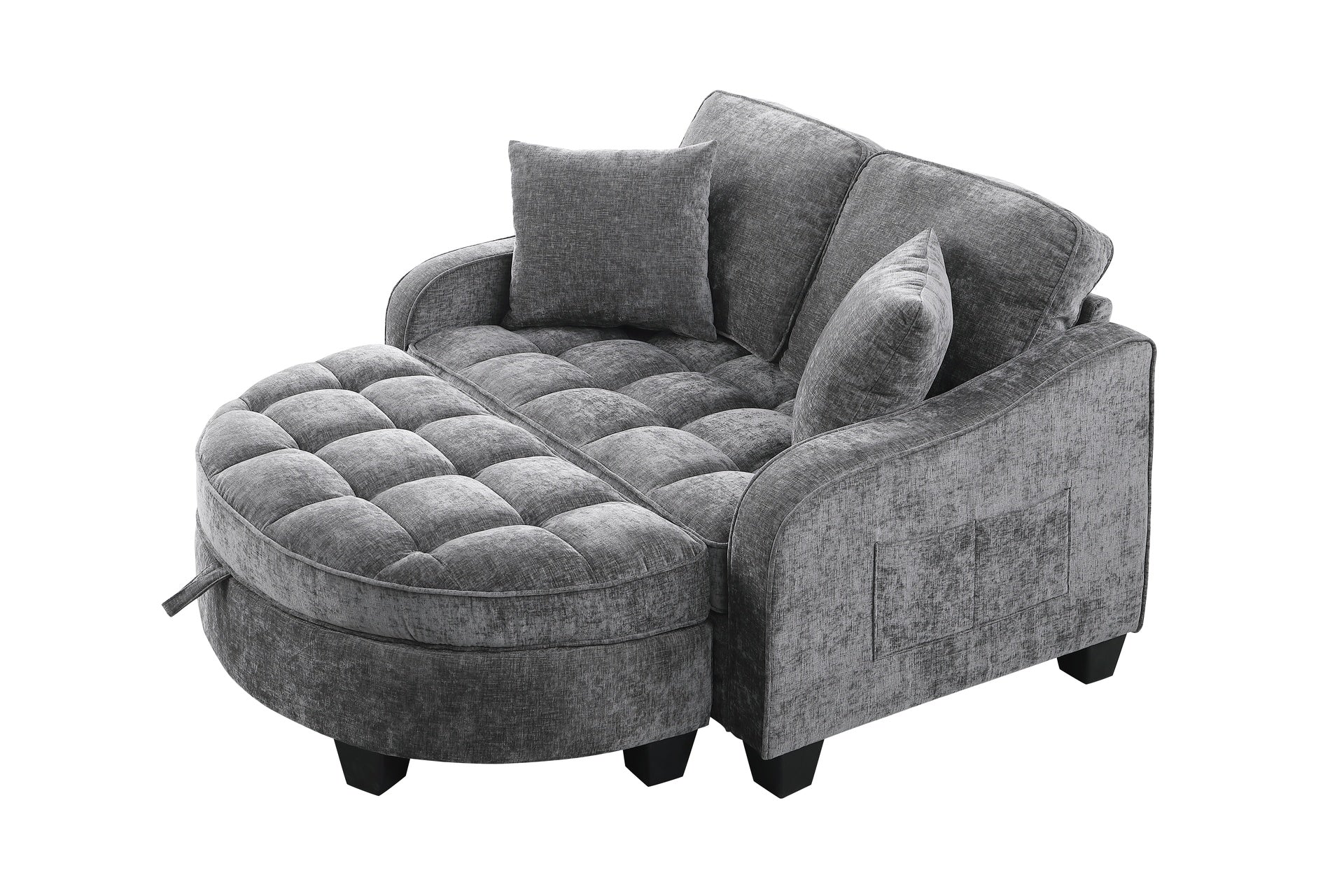 Two-seater sofa, double sofa chaise longue, with irregular armrests and backrests, footrest with storage space, comes with two small throw pillows, suitable for living room and bedroom - Grey