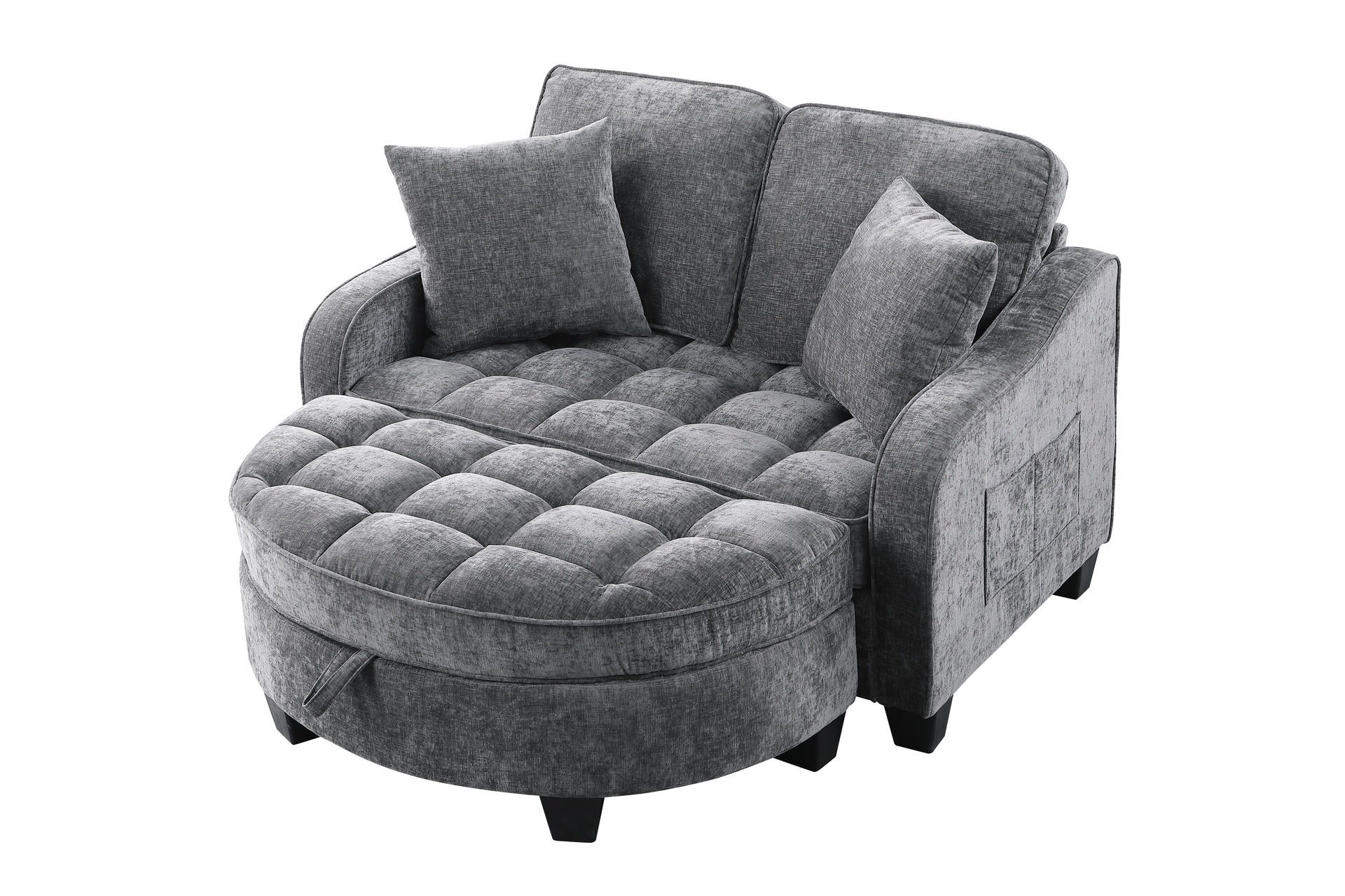 Two-seater sofa, double sofa chaise longue, with irregular armrests and backrests, footrest with storage space, comes with two small throw pillows, suitable for living room and bedroom - Grey