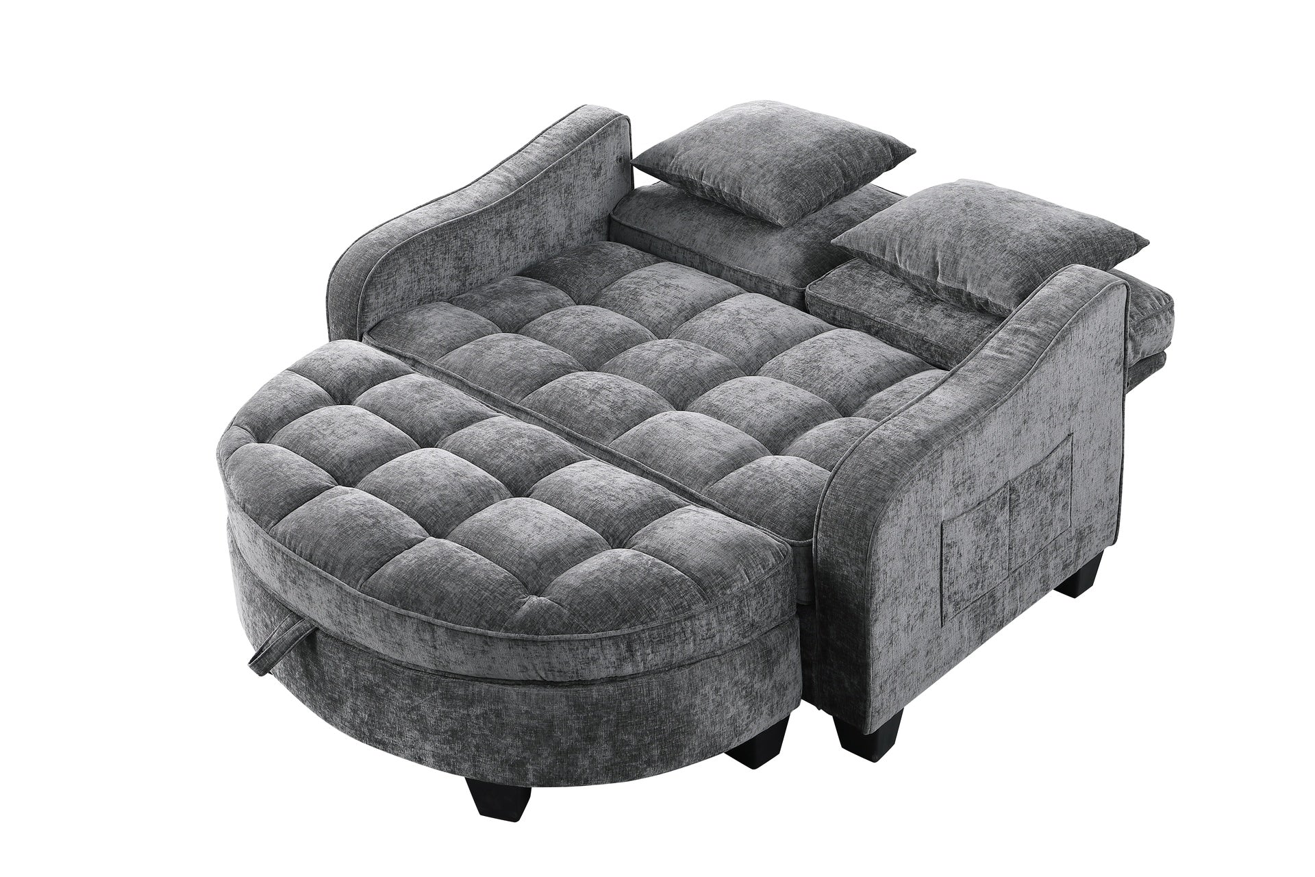 Two-seater sofa, double sofa chaise longue, with irregular armrests and backrests, footrest with storage space, comes with two small throw pillows, suitable for living room and bedroom - Grey