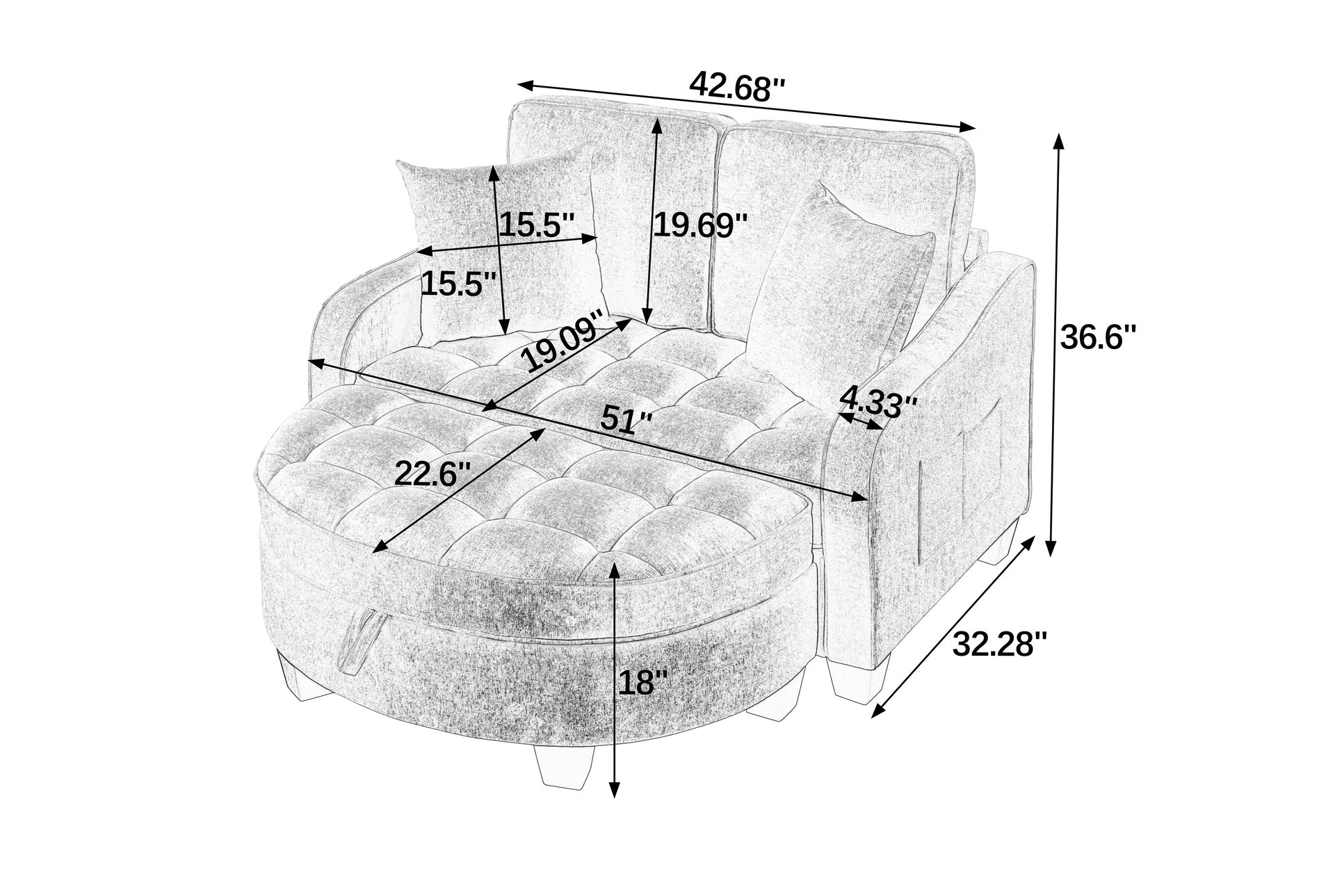 Two-seater sofa, double sofa chaise longue, with irregular armrests and backrests, footrest with storage space, comes with two small throw pillows, suitable for living room and bedroom - Grey