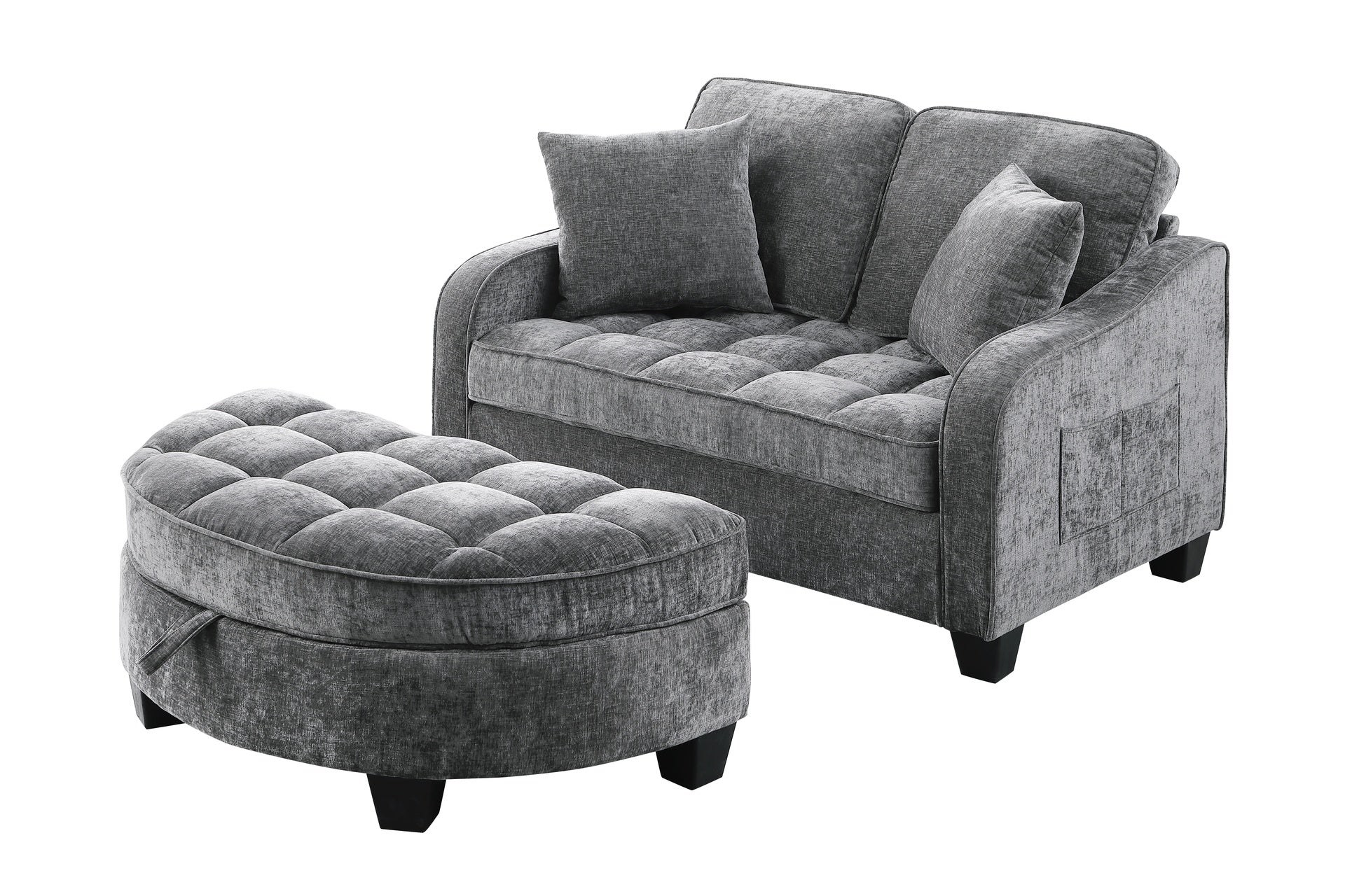 Two-seater sofa, double sofa chaise longue, with irregular armrests and backrests, footrest with storage space, comes with two small throw pillows, suitable for living room and bedroom - Grey