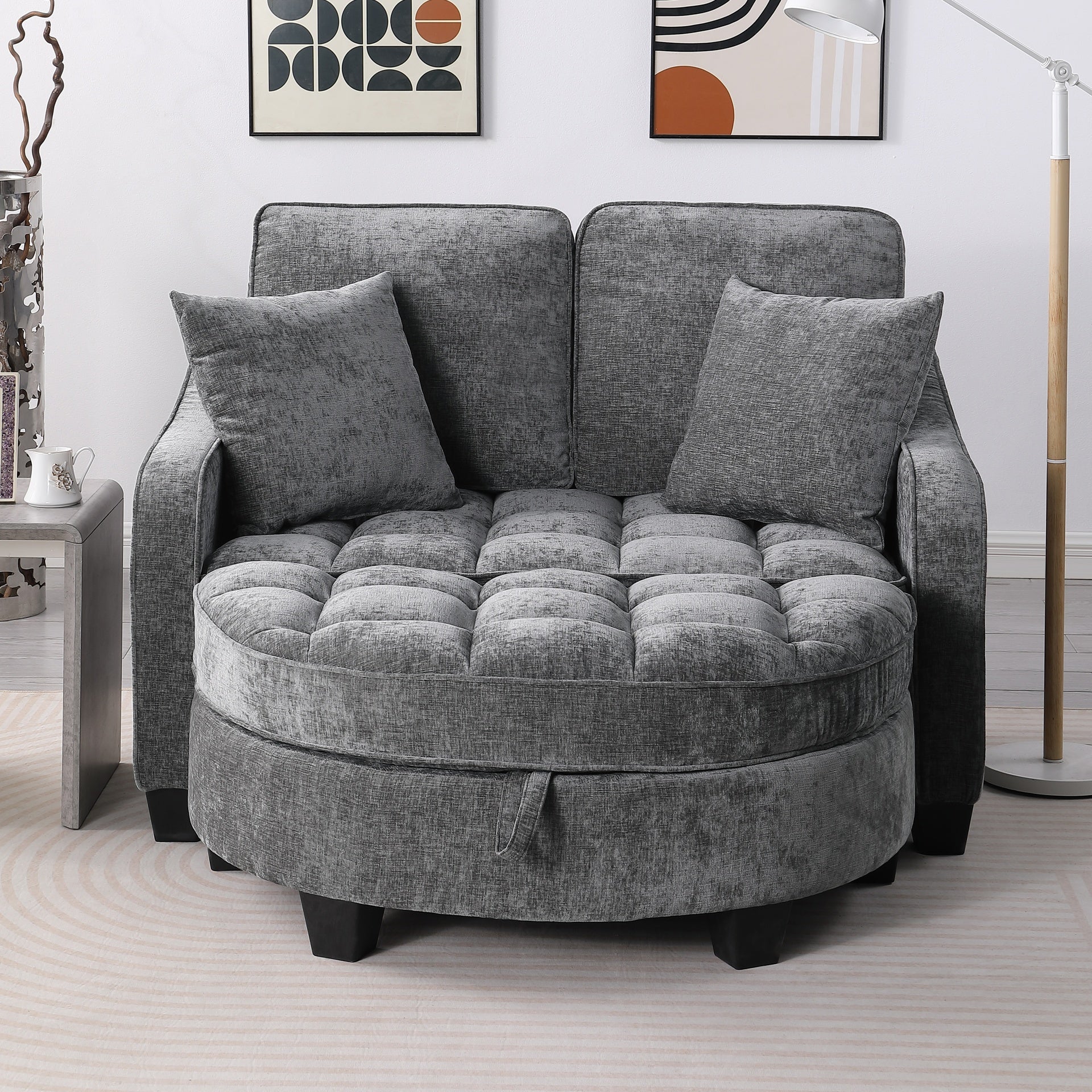 Two-seater sofa, double sofa chaise longue, with irregular armrests and backrests, footrest with storage space, comes with two small throw pillows, suitable for living room and bedroom - Grey
