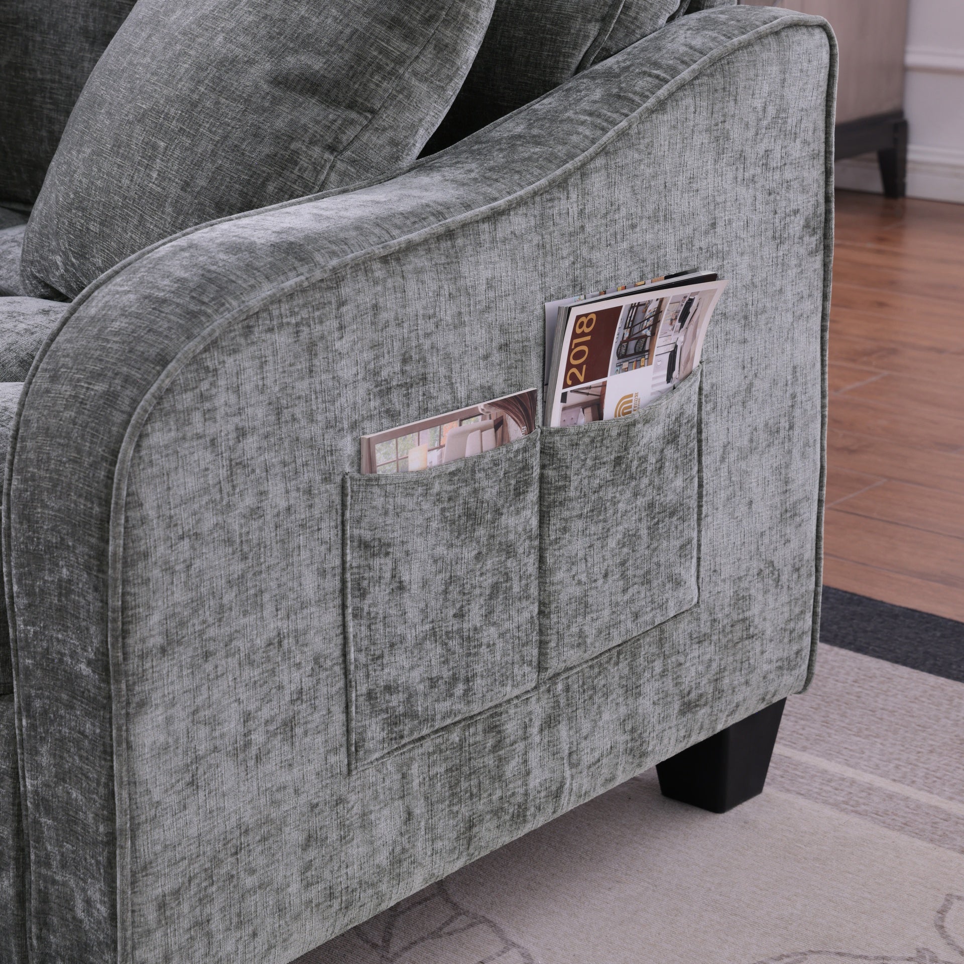 Two-seater sofa, double sofa chaise longue, with irregular armrests and backrests, footrest with storage space, comes with two small throw pillows, suitable for living room and bedroom - Grey