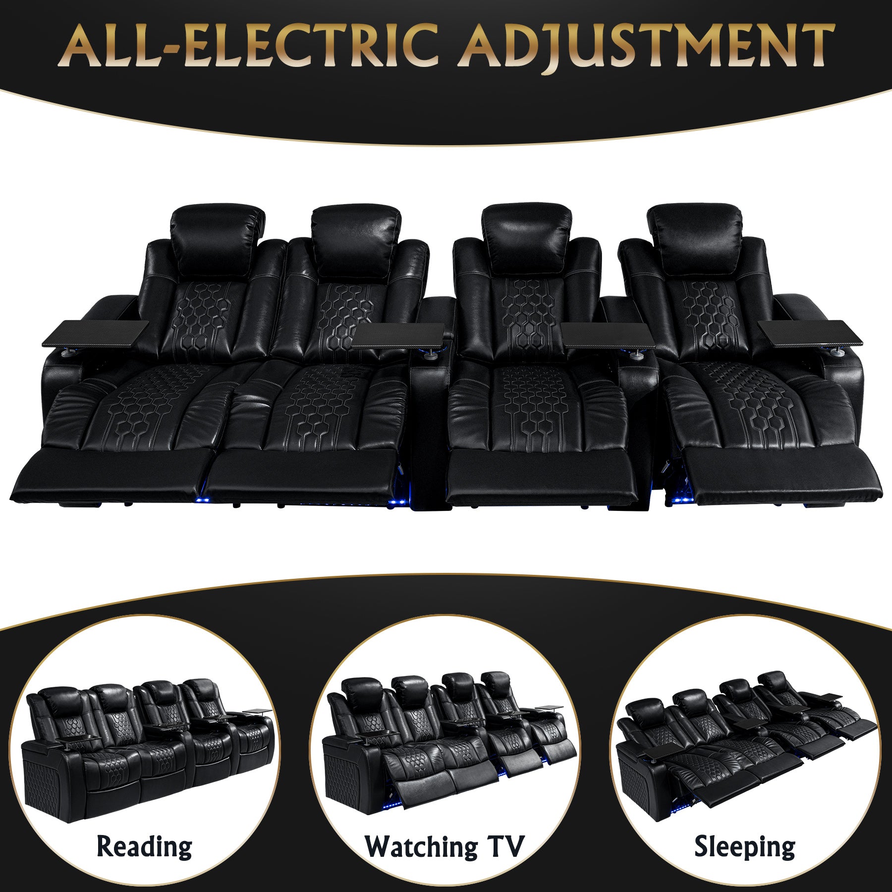 124.4"Power Recliner 4 PC Made WithTop-Grain Nappa,Fully Adjustable Relaxation,Smart Charging,Dynamic RGB LED Lighting,BLACK