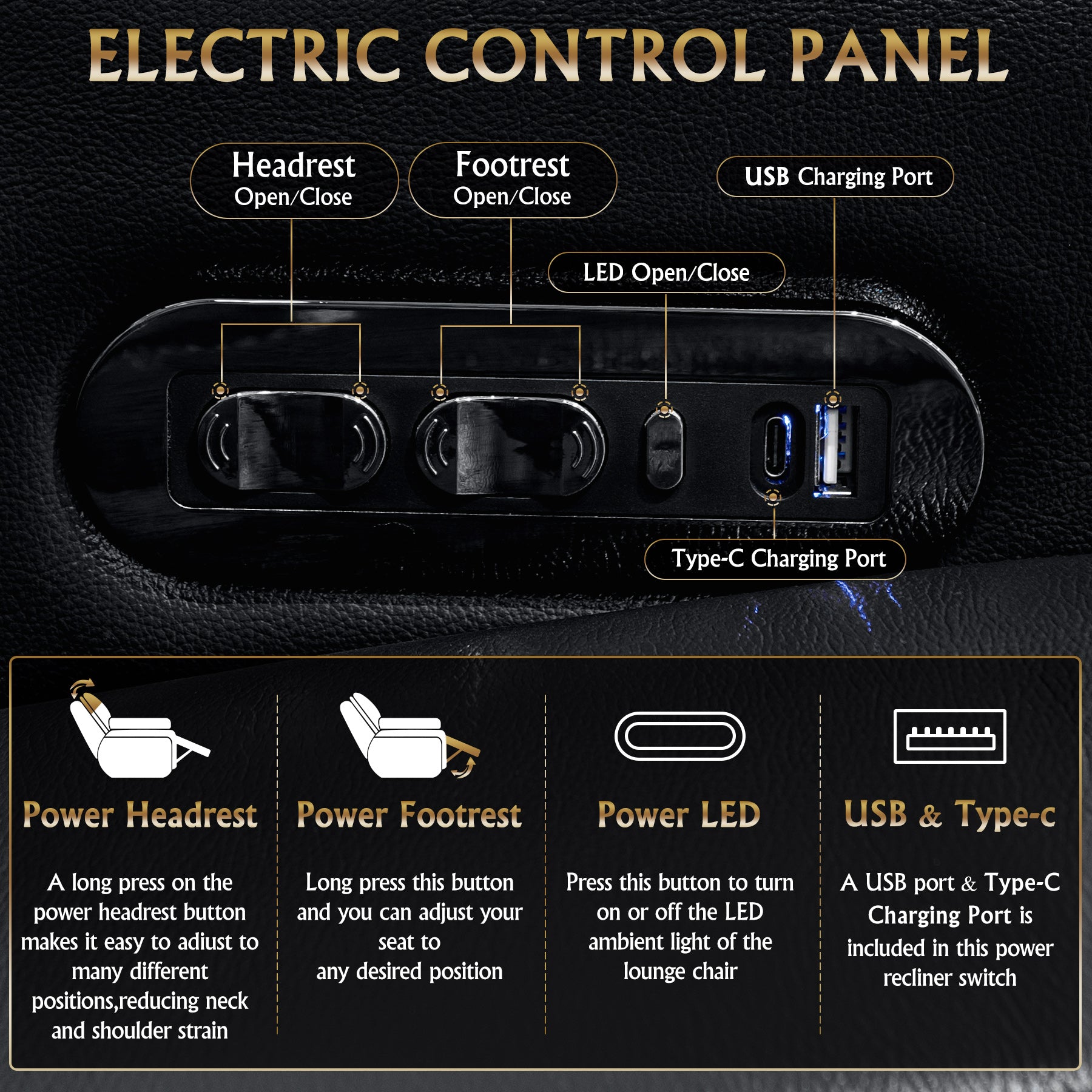 124.4"Power Recliner 4 PC Made WithTop-Grain Nappa,Fully Adjustable Relaxation,Smart Charging,Dynamic RGB LED Lighting,BLACK