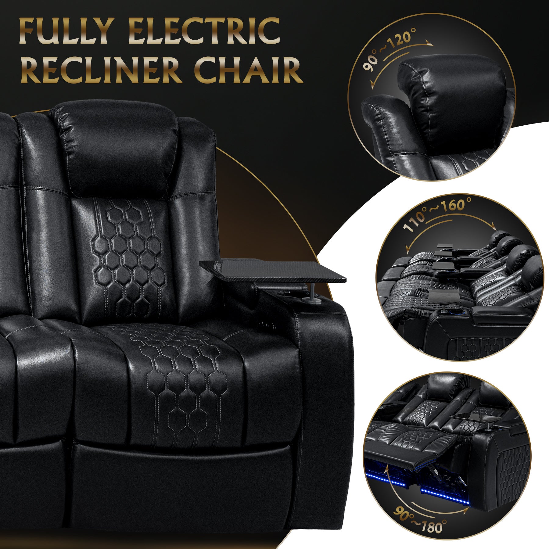 124.4"Power Recliner 4 PC Made WithTop-Grain Nappa,Fully Adjustable Relaxation,Smart Charging,Dynamic RGB LED Lighting,BLACK