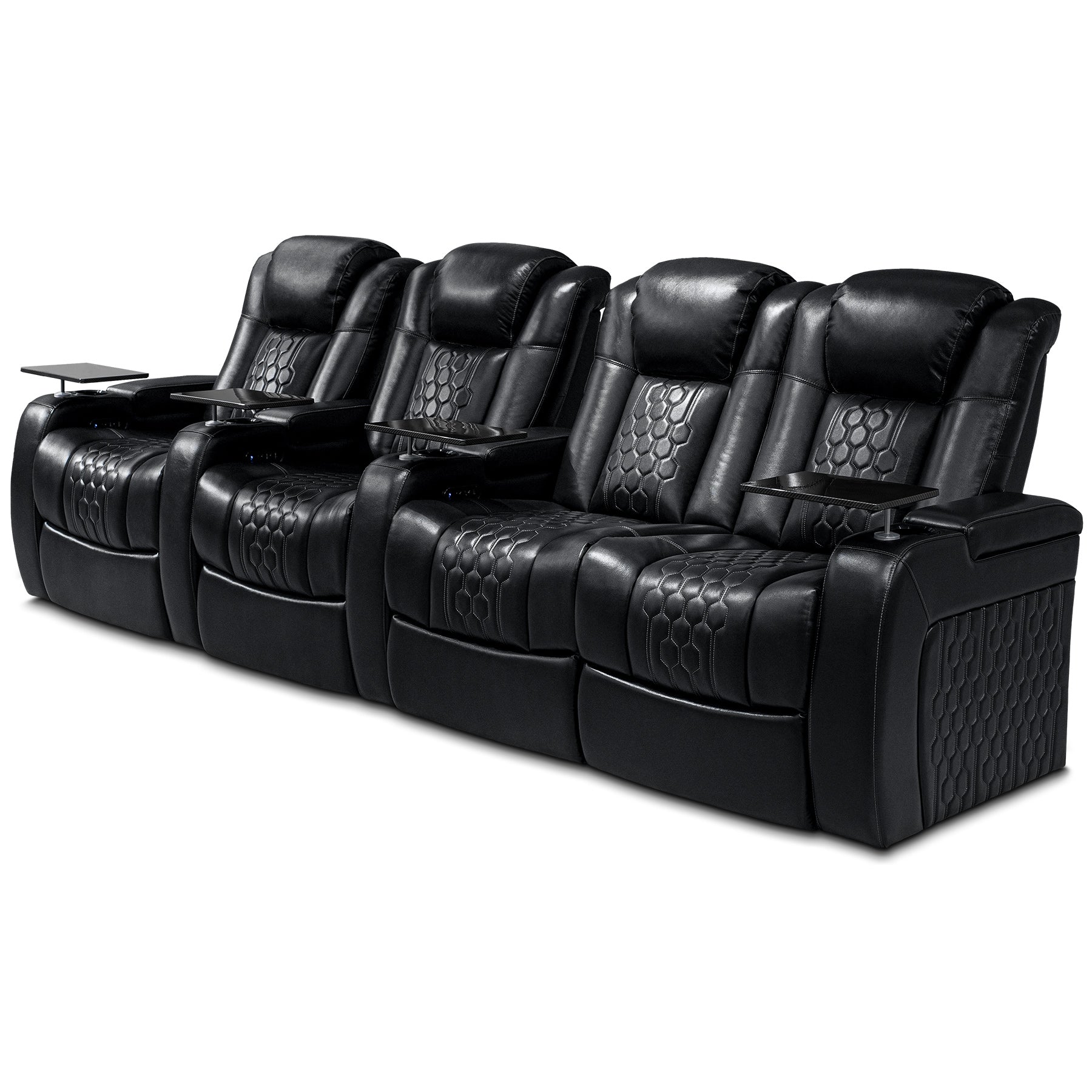 124.4"Power Recliner 4 PC Made WithTop-Grain Nappa,Fully Adjustable Relaxation,Smart Charging,Dynamic RGB LED Lighting,BLACK