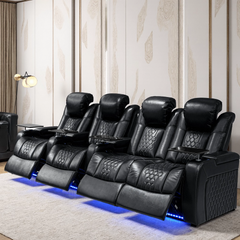 124.4"Power Recliner 4 PC Made WithTop-Grain Nappa,Fully Adjustable Relaxation,Smart Charging,Dynamic RGB LED Lighting,BLACK