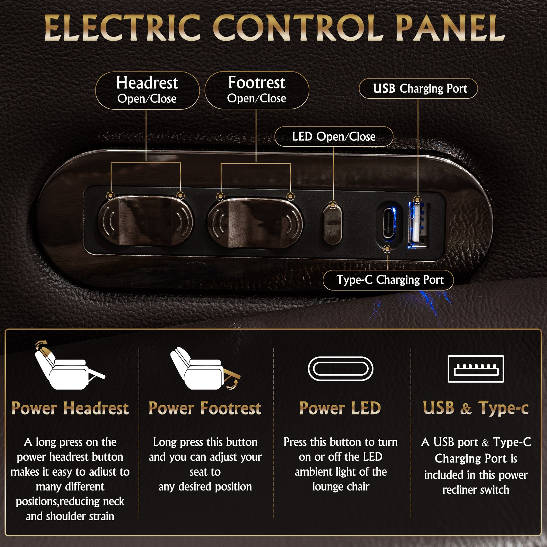 86.6"Power Recliner 3 PC Made WithTop-Grain Nappa,Fully Adjustable Relaxation,Smart Charging,Dynamic RGB LED Lighting,COFFEE