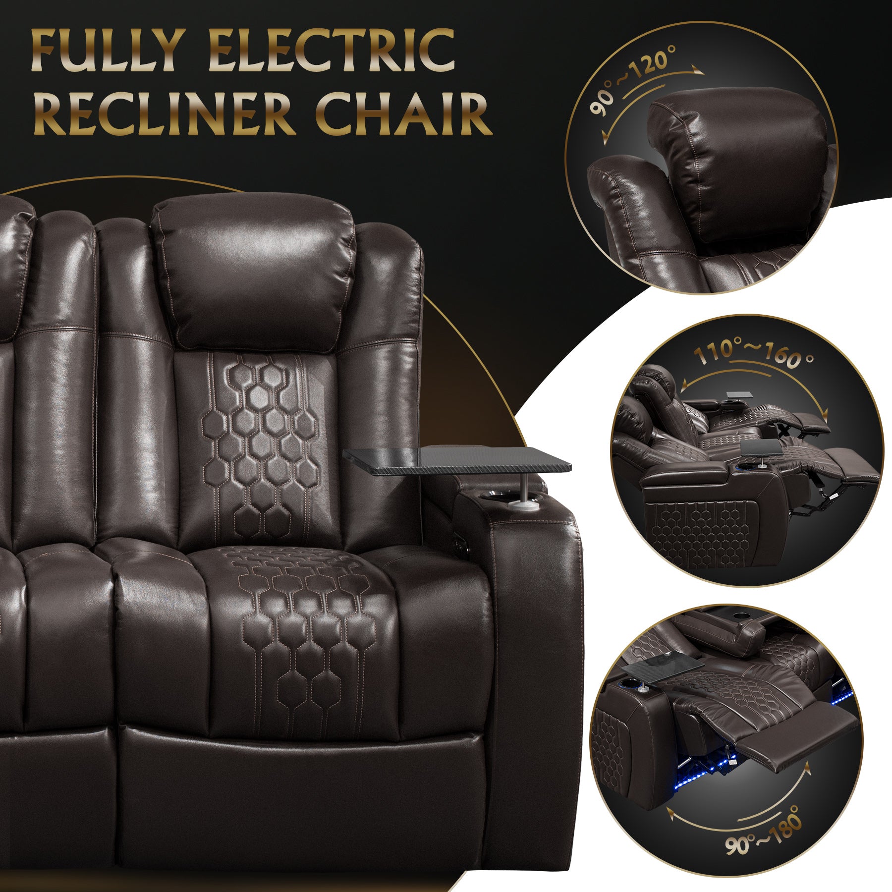 86.6"Power Recliner 3 PC Made WithTop-Grain Nappa,Fully Adjustable Relaxation,Smart Charging,Dynamic RGB LED Lighting,COFFEE
