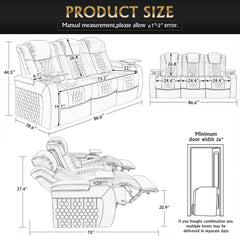 86.6"Power Recliner 3 PC Made WithTop-Grain Nappa,Fully Adjustable Relaxation,Smart Charging,Dynamic RGB LED Lighting,COFFEE
