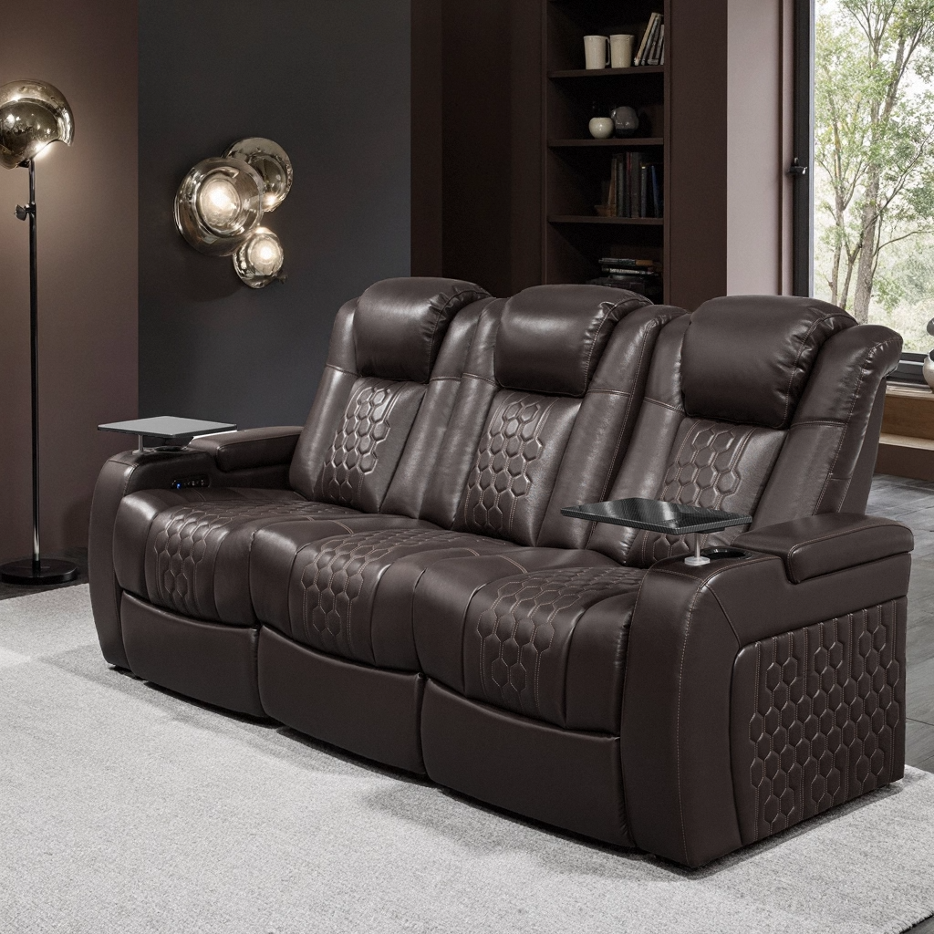86.6"Power Recliner 3 PC Made WithTop-Grain Nappa,Fully Adjustable Relaxation,Smart Charging,Dynamic RGB LED Lighting,COFFEE