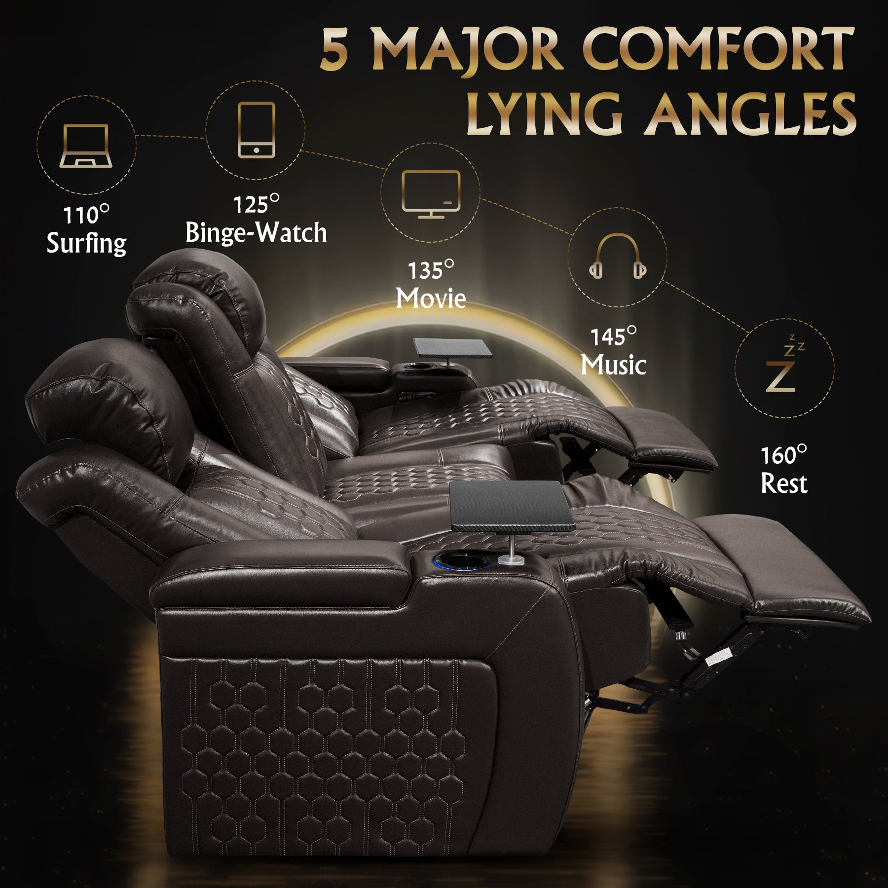 86.6"Power Recliner 3 PC Made WithTop-Grain Nappa,Fully Adjustable Relaxation,Smart Charging,Dynamic RGB LED Lighting,COFFEE