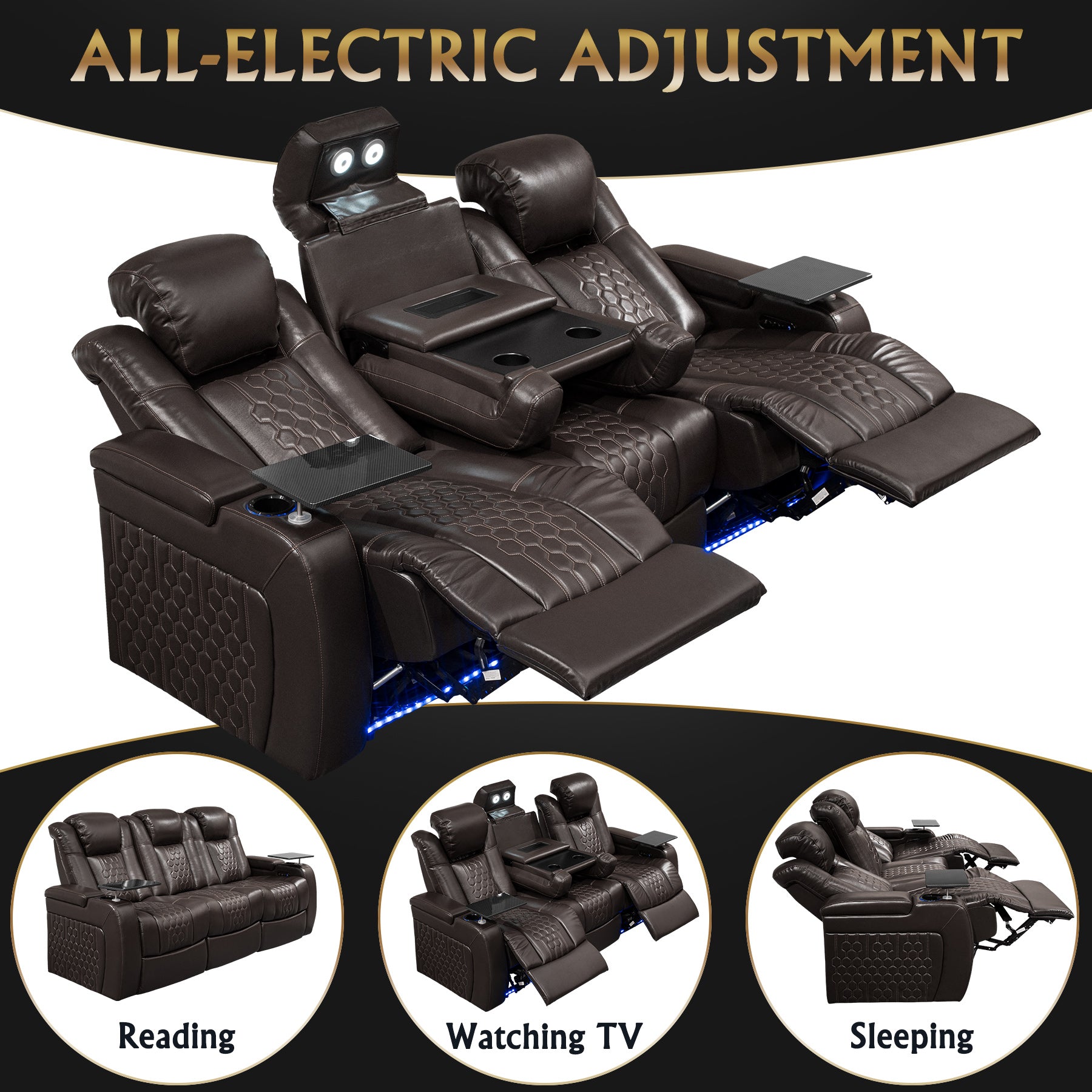 86.6"Power Recliner 3 PC Made WithTop-Grain Nappa,Fully Adjustable Relaxation,Smart Charging,Dynamic RGB LED Lighting,COFFEE