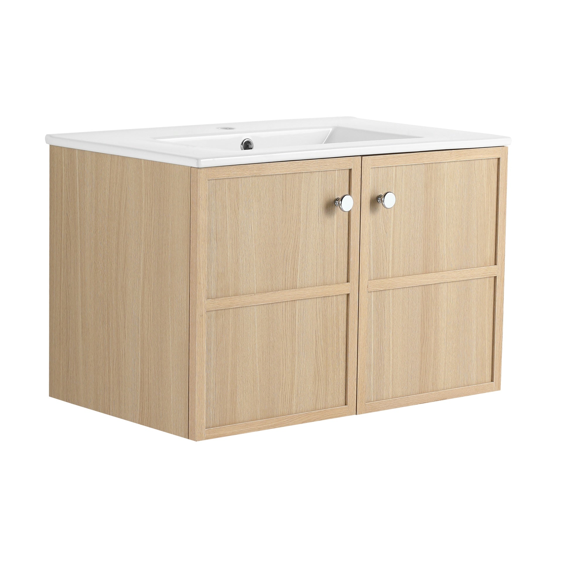 30" Wall-Mounted Bathroom Vanity whit Ceramic Sink, 2-Soft Closing Door, Oak, Plywood
