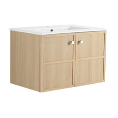 30" Wall-Mounted Bathroom Vanity whit Ceramic Sink, 2-Soft Closing Door, Oak, Plywood
