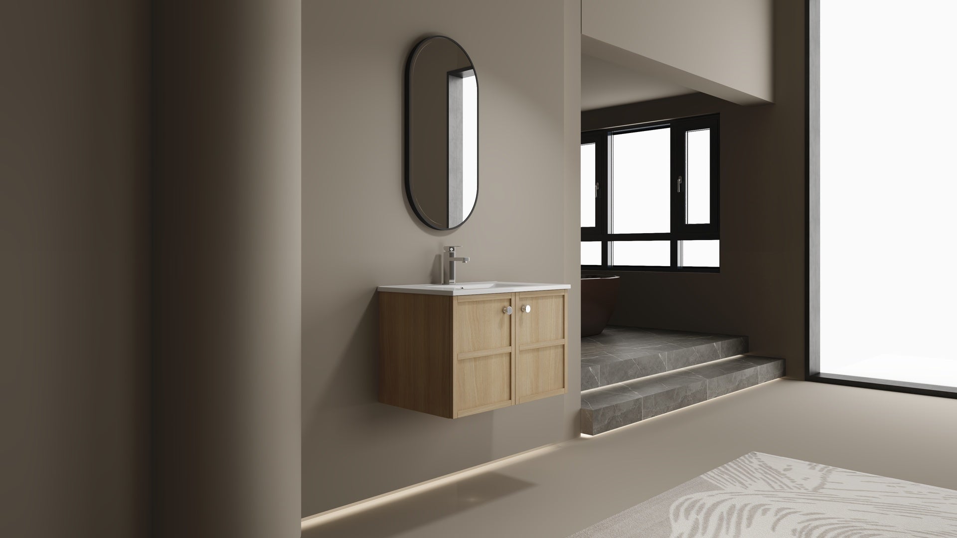 30" Wall-Mounted Bathroom Vanity whit Ceramic Sink, 2-Soft Closing Door, Oak, Plywood