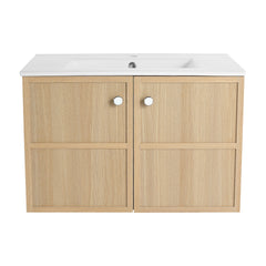 30" Wall-Mounted Bathroom Vanity whit Ceramic Sink, 2-Soft Closing Door, Oak, Plywood