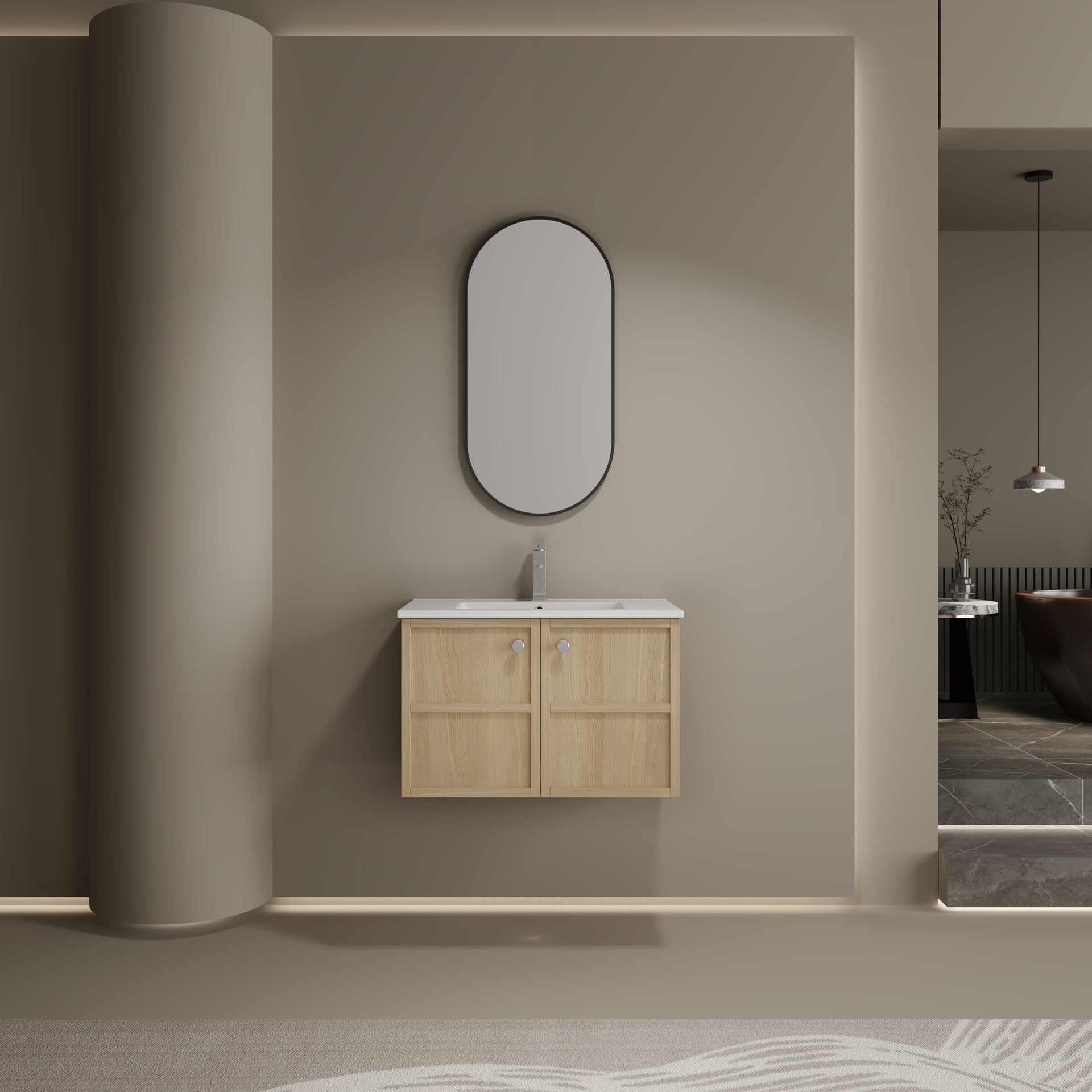 30" Wall-Mounted Bathroom Vanity whit Ceramic Sink, 2-Soft Closing Door, Oak, Plywood