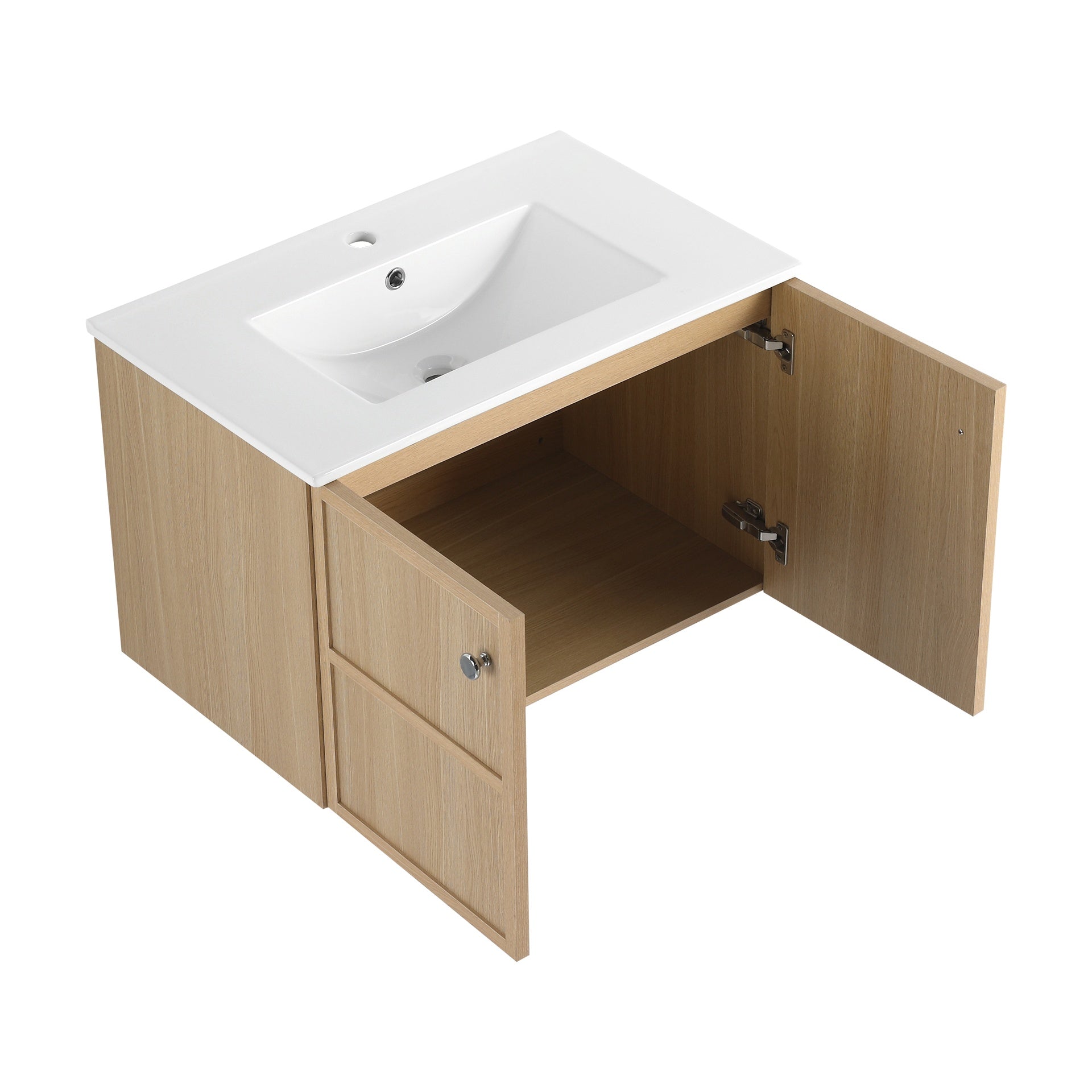 30" Wall-Mounted Bathroom Vanity whit Ceramic Sink, 2-Soft Closing Door, Oak, Plywood