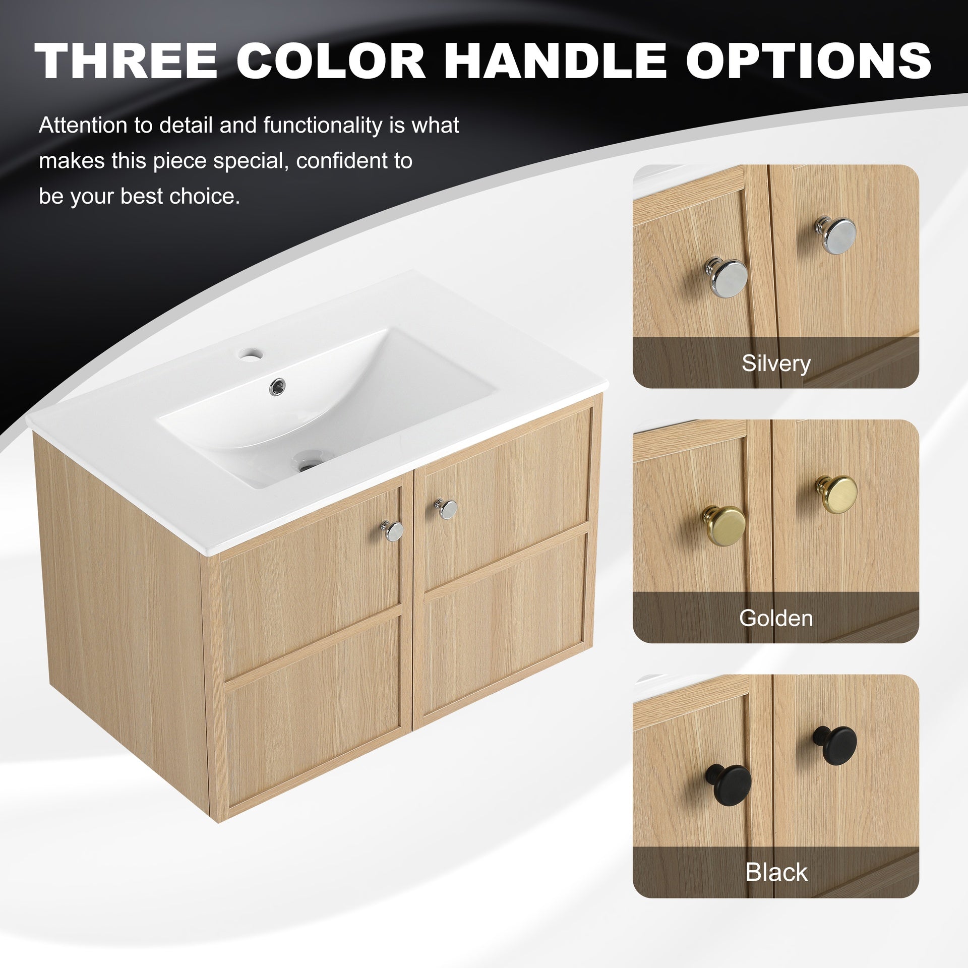 30" Wall-Mounted Bathroom Vanity whit Ceramic Sink, 2-Soft Closing Door, Oak, Plywood