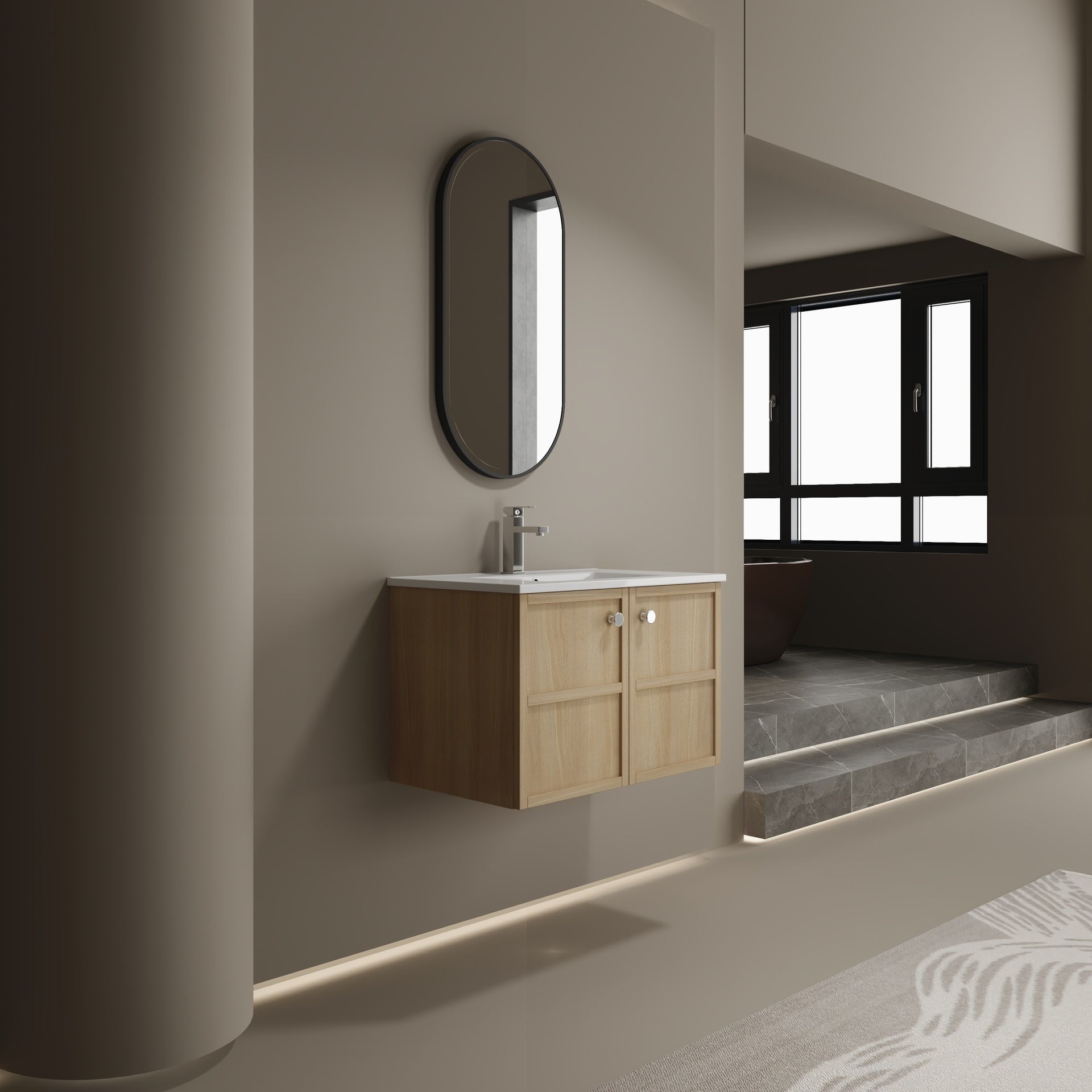 30" Wall-Mounted Bathroom Vanity whit Ceramic Sink, 2-Soft Closing Door, Oak, Plywood