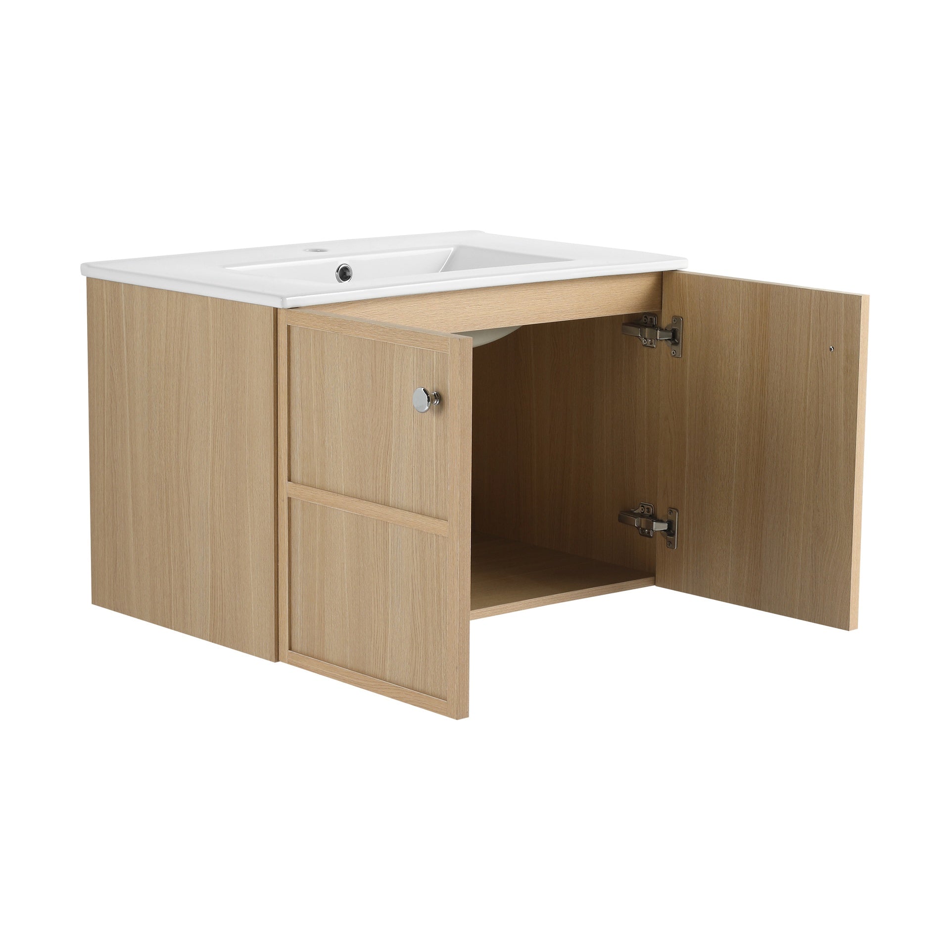 30" Wall-Mounted Bathroom Vanity whit Ceramic Sink, 2-Soft Closing Door, Oak, Plywood