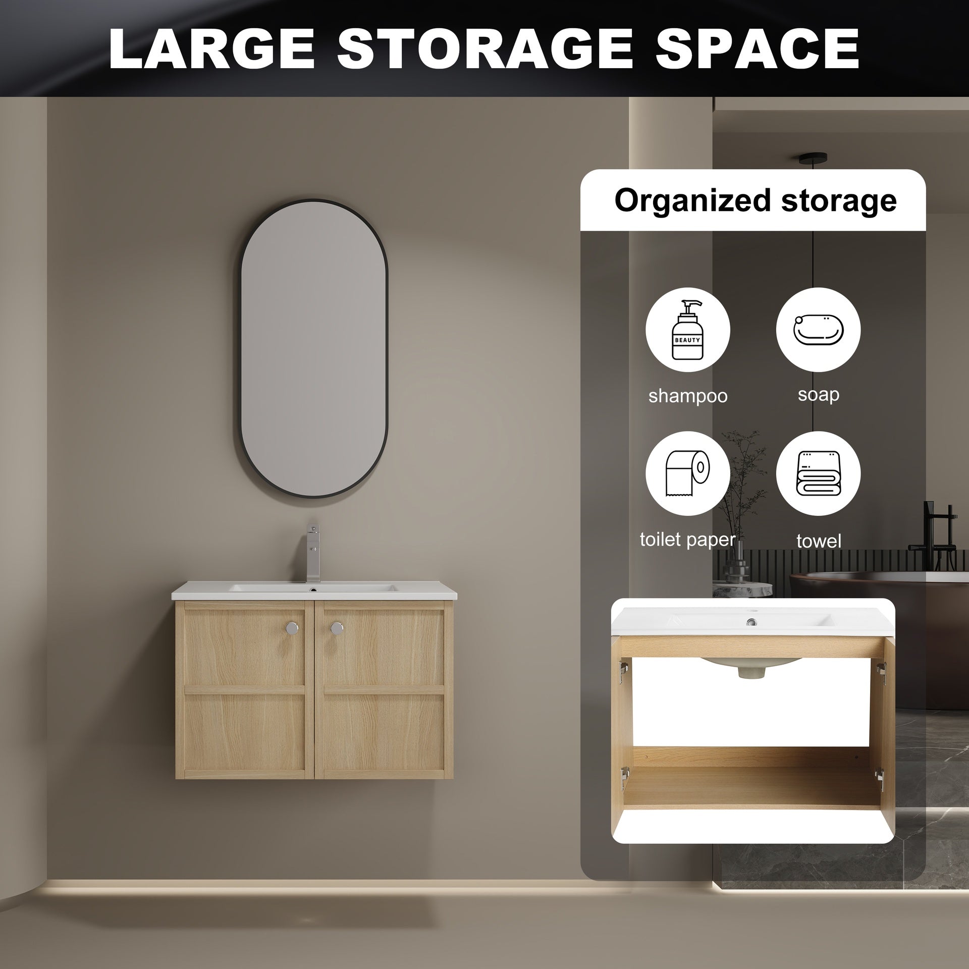 30" Wall-Mounted Bathroom Vanity whit Ceramic Sink, 2-Soft Closing Door, Oak, Plywood