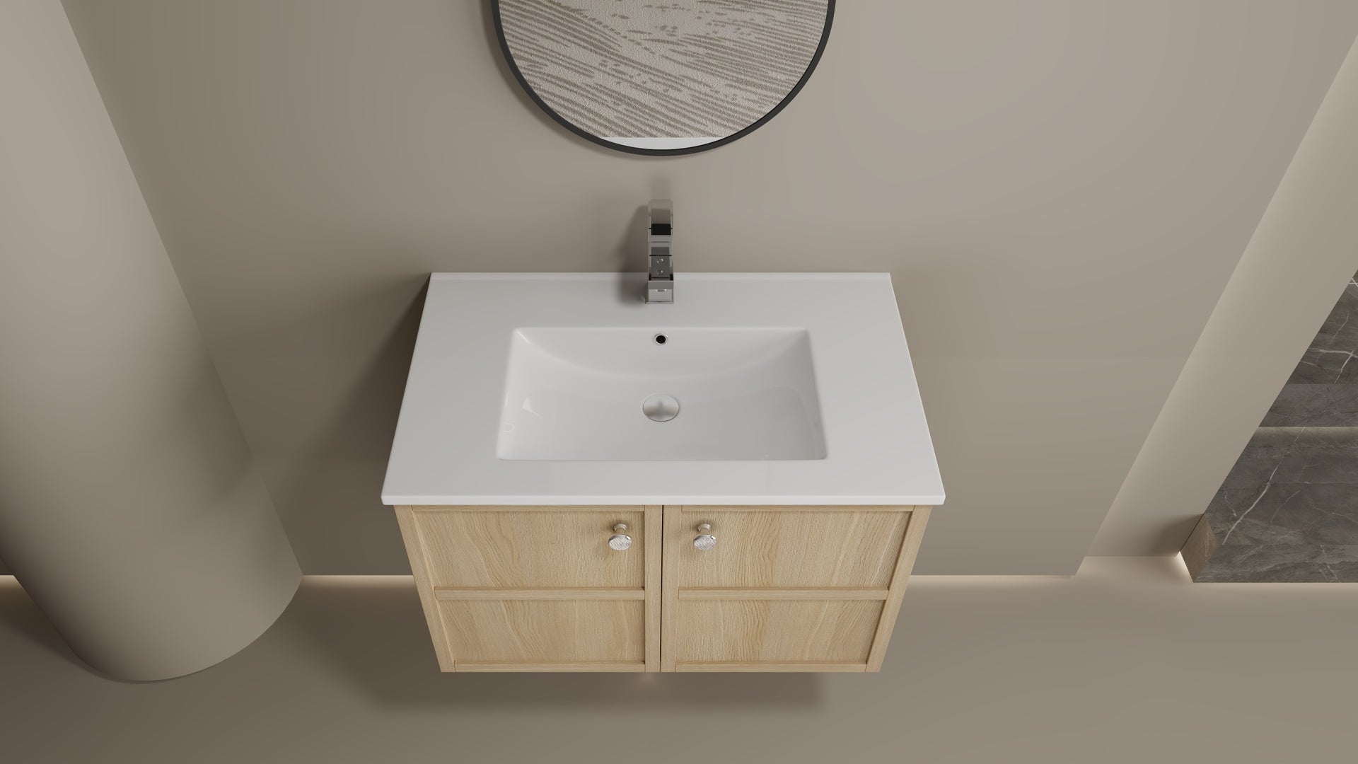 30" Wall-Mounted Bathroom Vanity whit Ceramic Sink, 2-Soft Closing Door, Oak, Plywood